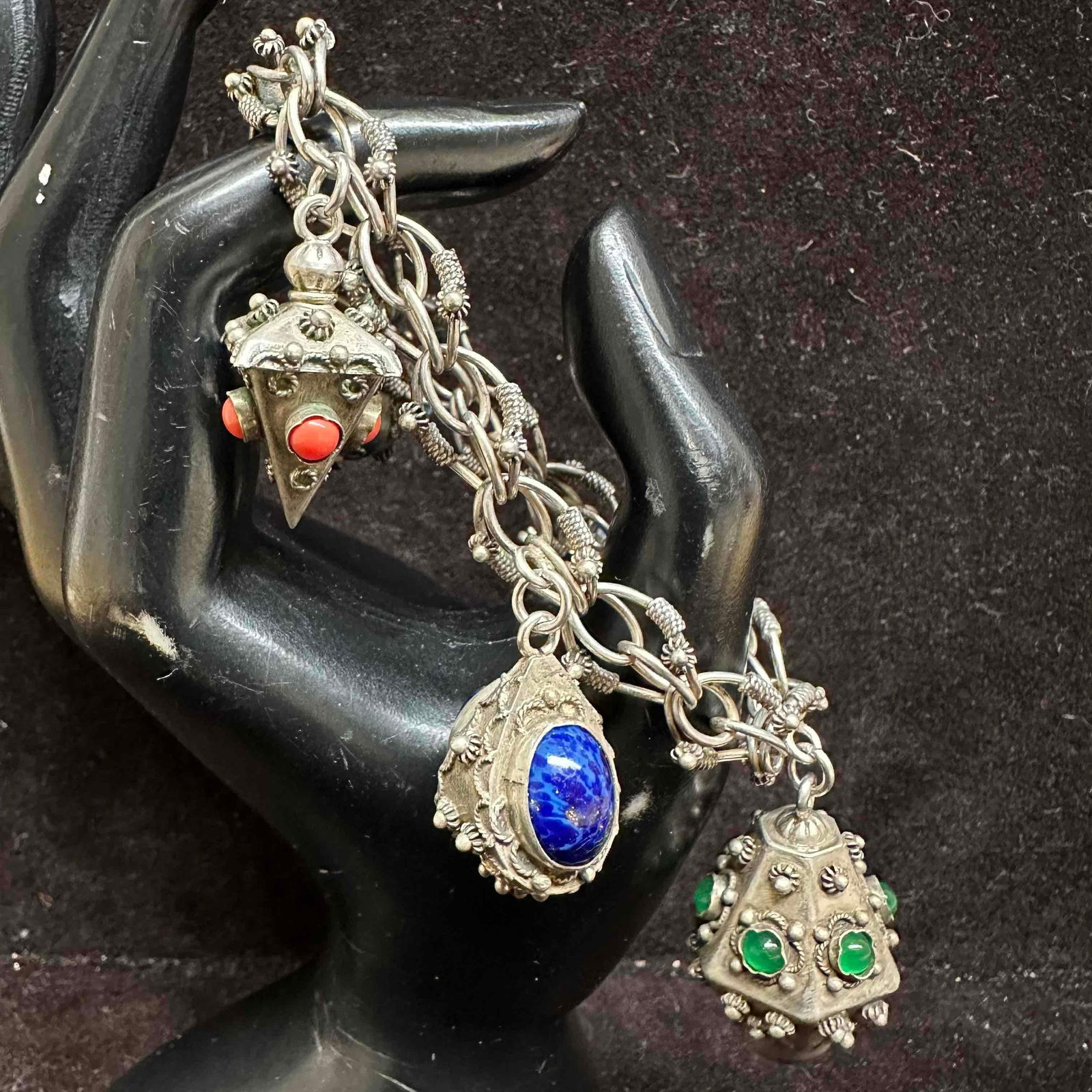 Vintage Silver 800 Etruscan Style Charm Bracelet Gemstone Accents I9 (1 of 10)