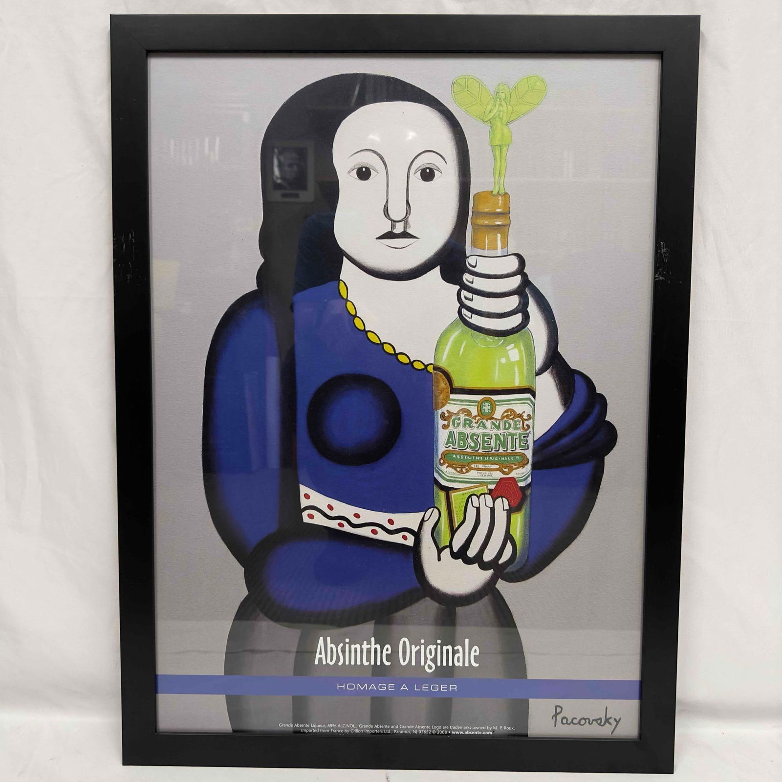 Absinthe Ad Poster Homage A Leger By John Pacovsky Framed: Absinthe Ad Poster Homage A Leger By John Pacovsky Framed. Frame is a little nicked up on the corners and a few scratches. This item is in good pre-owned, previously displayed condition with light wea