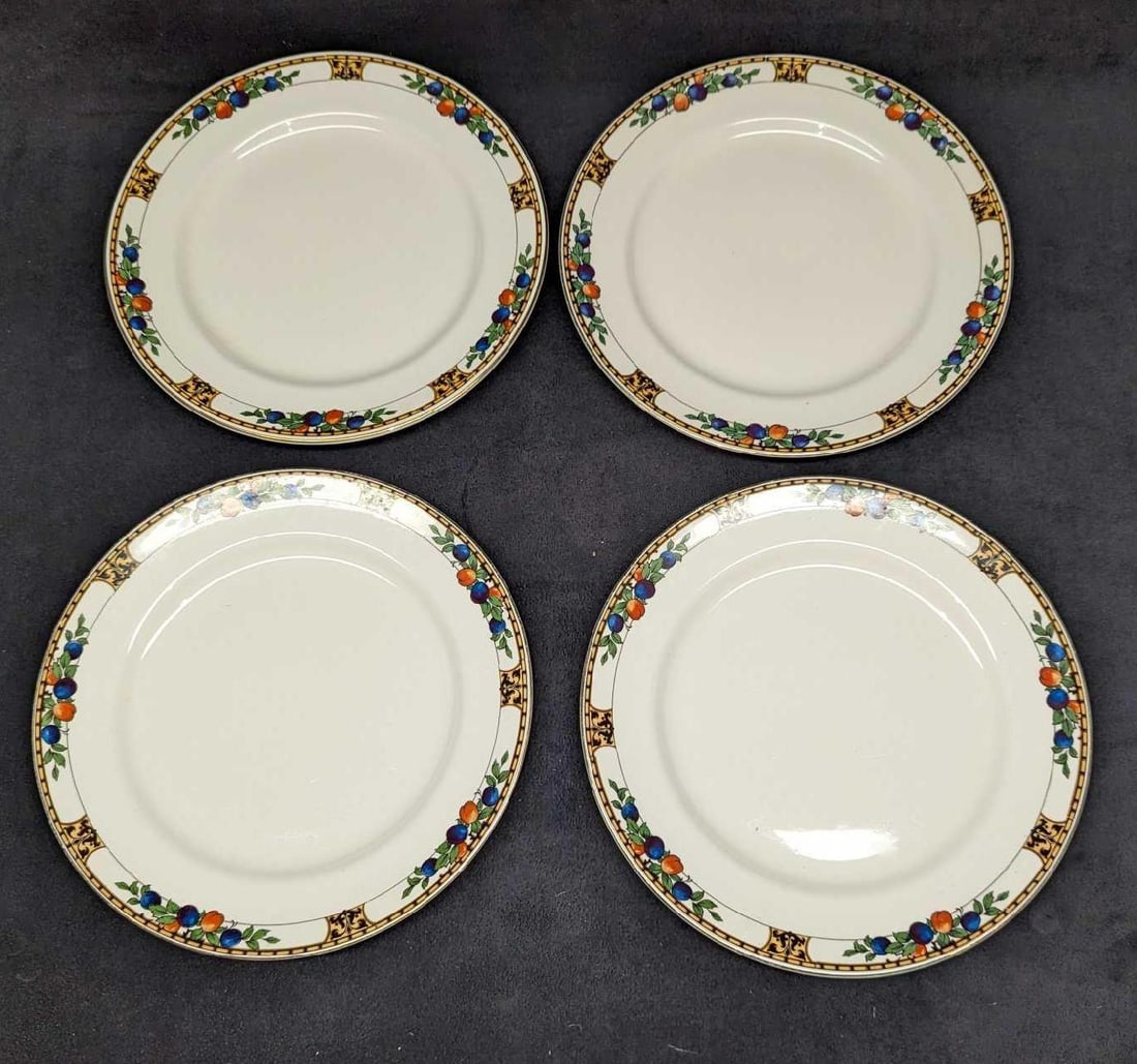 4 Maddock & Sons China Autumn Fruit Dinner Plates: 4 Maddock & Sons China Autumn Fruit Dinner Plates. Each plate is approx 9 5/8" x 9 5/8" x 3/4" and the total weight is 4.34 lbs. The plates have some light scratches and markings.