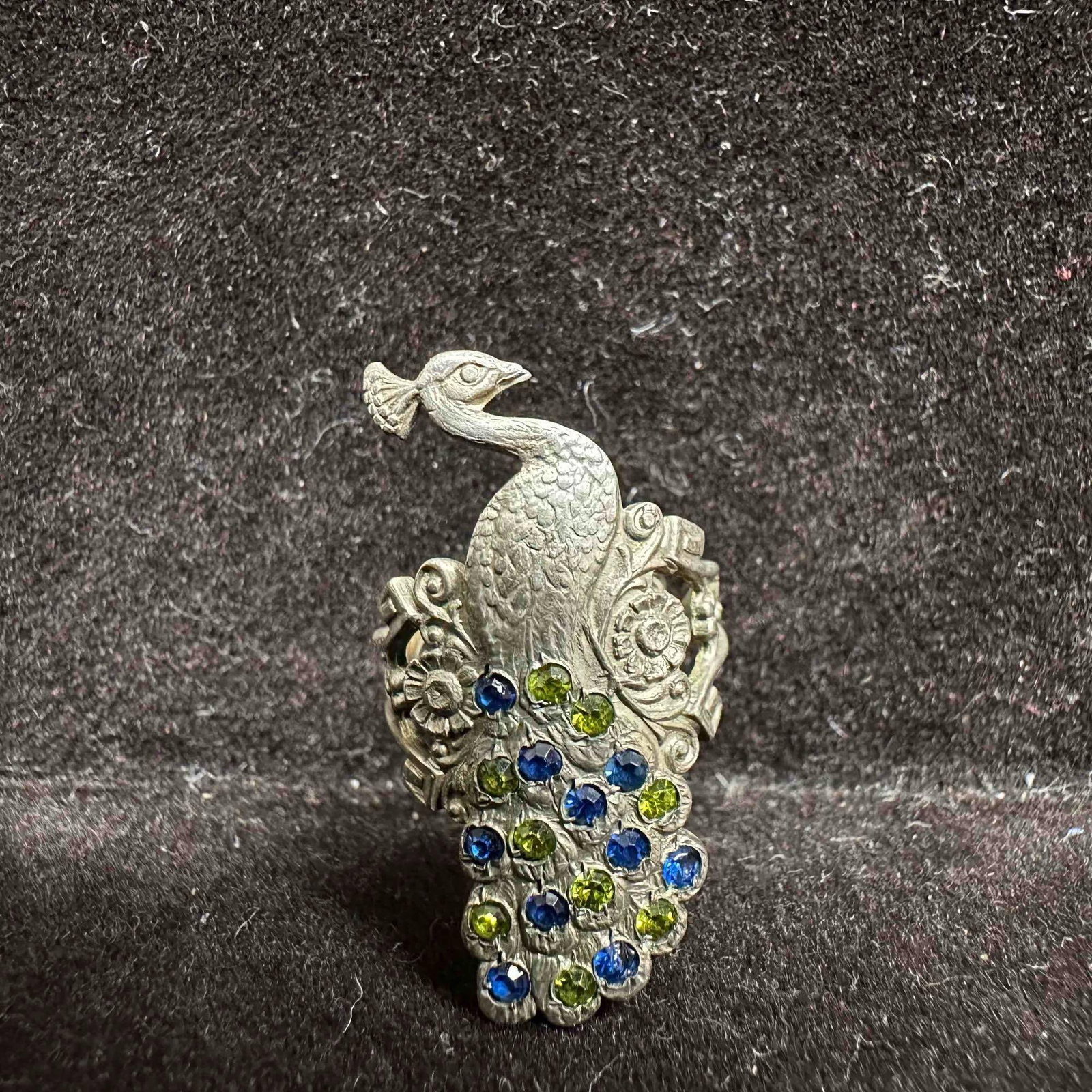 Peacock Art Nouveau Blue Green Rhinestones Sterling Silver Ring: This item is in good pre-owned, previously used/displayed condition with noticeable light wear, and surface scratches. Please reference all photos for full details. This piece of jewelry has been test
