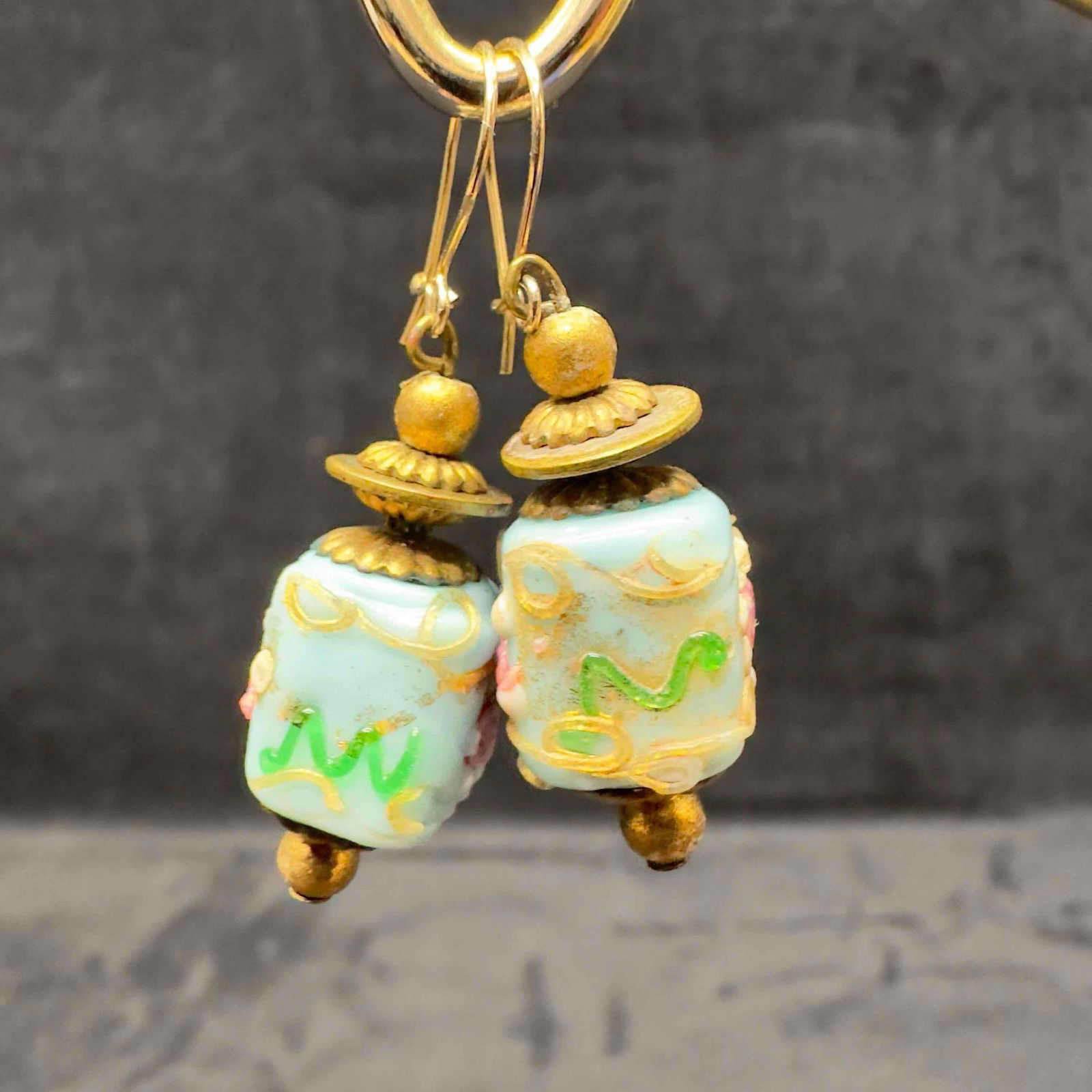 Murano Venetian Art Glass Lamp Work Light Blue Floral Bead Dangle Drop Earrings G87 (1 of 6)
