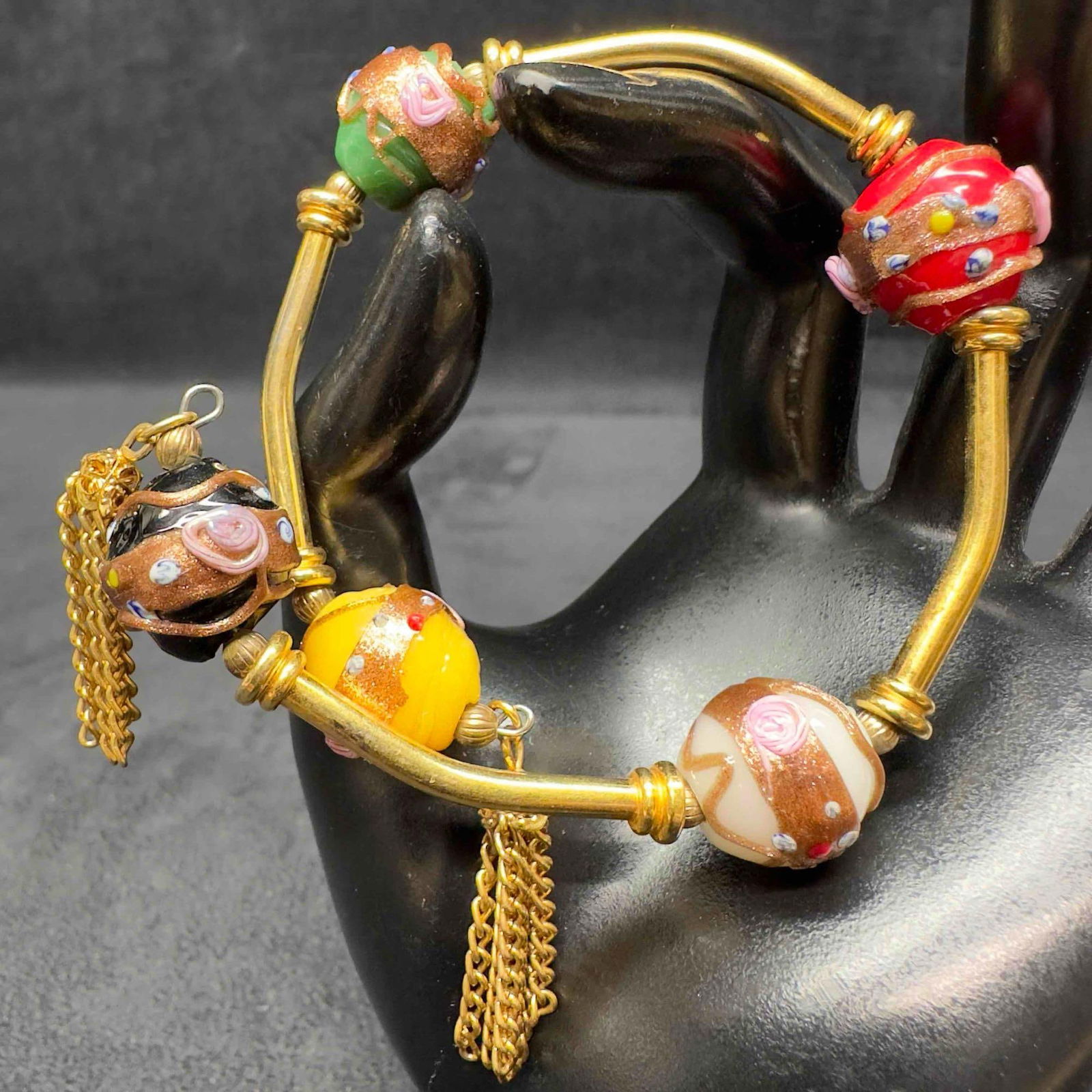 Murano Venetian Lamp Work Glass Multi Colored Floral Round Beaded Tassel Bracelet Set E47 (1 of 9)