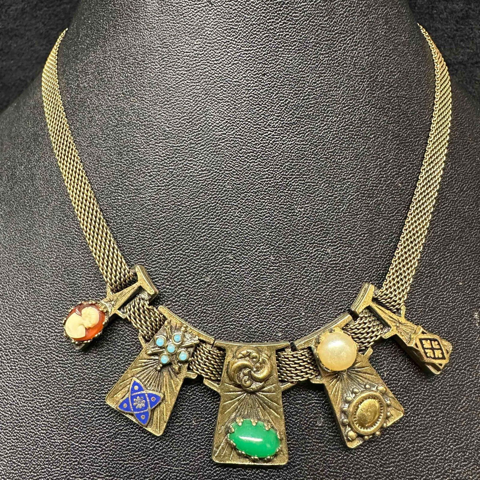 Multi Charm Collar Mesh Chain Necklace with Cameo and Faux Stone Accents (1 of 7)