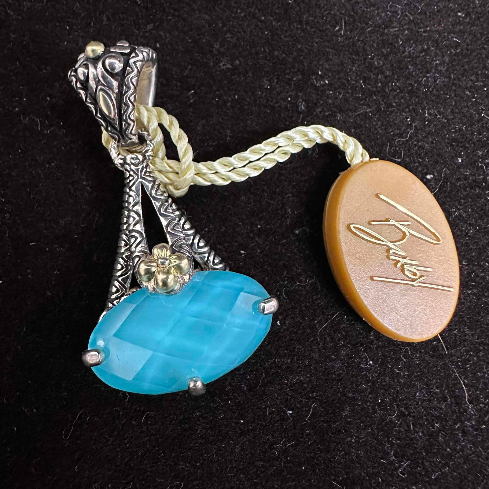 Sterling Silver 18K Turquoise Barbara Bixby Doublet Enhancer Drop Pendant: This item is in good pre-owned, previously used/displayed condition with noticeable light wear, and surface scratches. Please reference all photos for full details. This piece of jewelry has been test