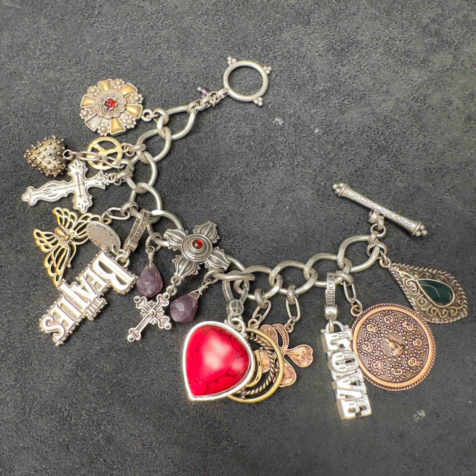 Lucky Brand The Beatles Love Butterfly Cross Heart Charms Costume Jewelry Charm Bracelet: Lucky Brand Peace Love Flower Butterfly Charms Costume Jewelry Charm Bracelet and Earrings Set. Lucky Brand metal silver toned charmed bracelet. This vintage bracelet features twelve various charms in