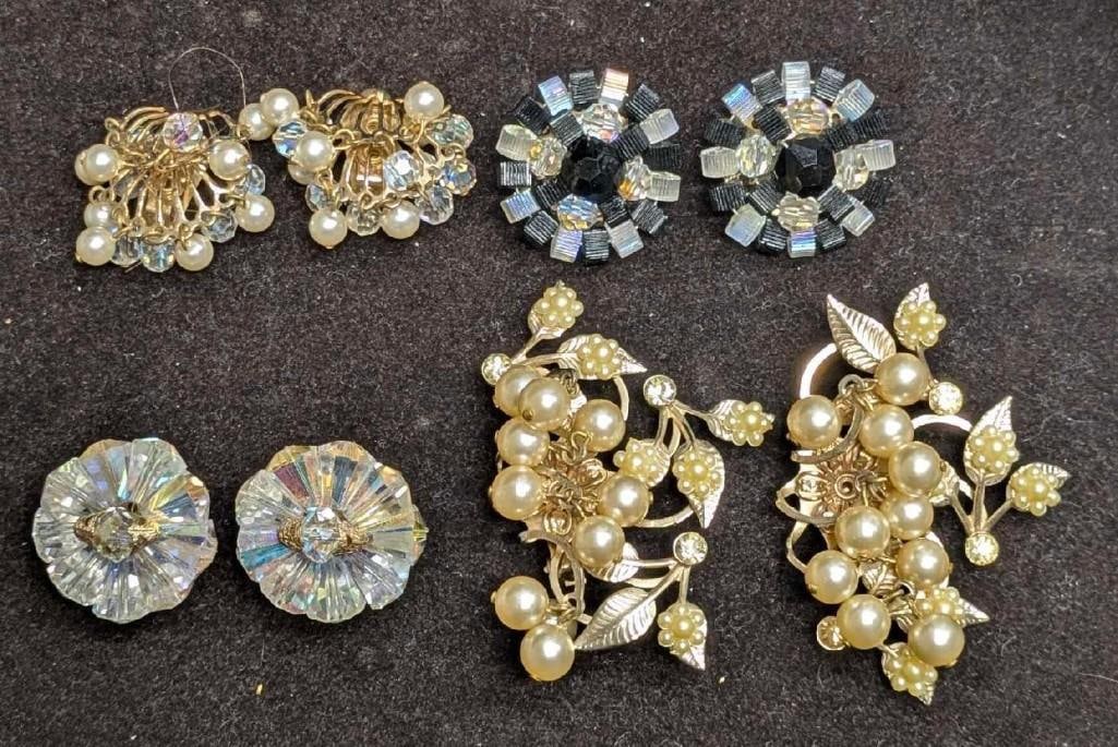 Vintage Unmarked Faux Pearl Rhinestone AB Crystals Earrings Lot Of 4 (1 of 6)