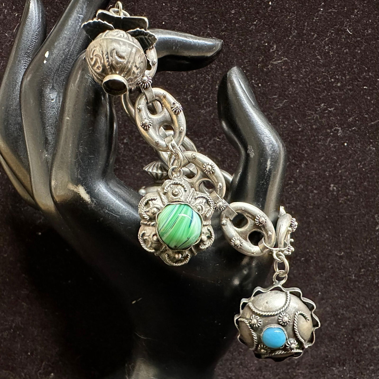 Malachite Turquoise Moonstone Charm 800 Silver Ornate Fob Bracelet L83: This item is in good pre-owned, previously used/displayed condition with noticeable light wear and surface scratches. Please reference all photos for full details. This piece of jewelry has been teste