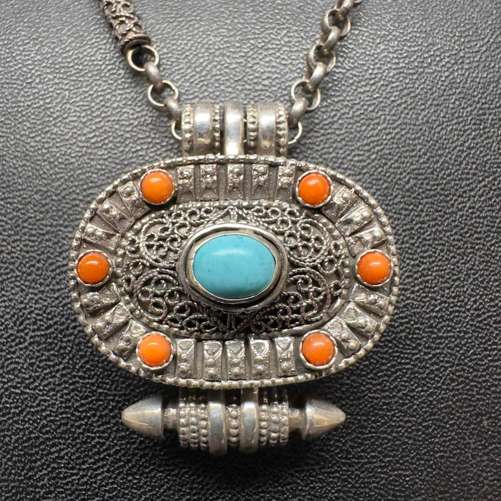 Tibetan Gau Prayer Pill Trinket Box Pendant Sterling Silver Turquoise Red Coral Necklace: This item is in good pre-owned, previously used/displayed condition with noticeable light wear, and surface scratches. Please reference all photos for full details. This piece of jewelry has been test