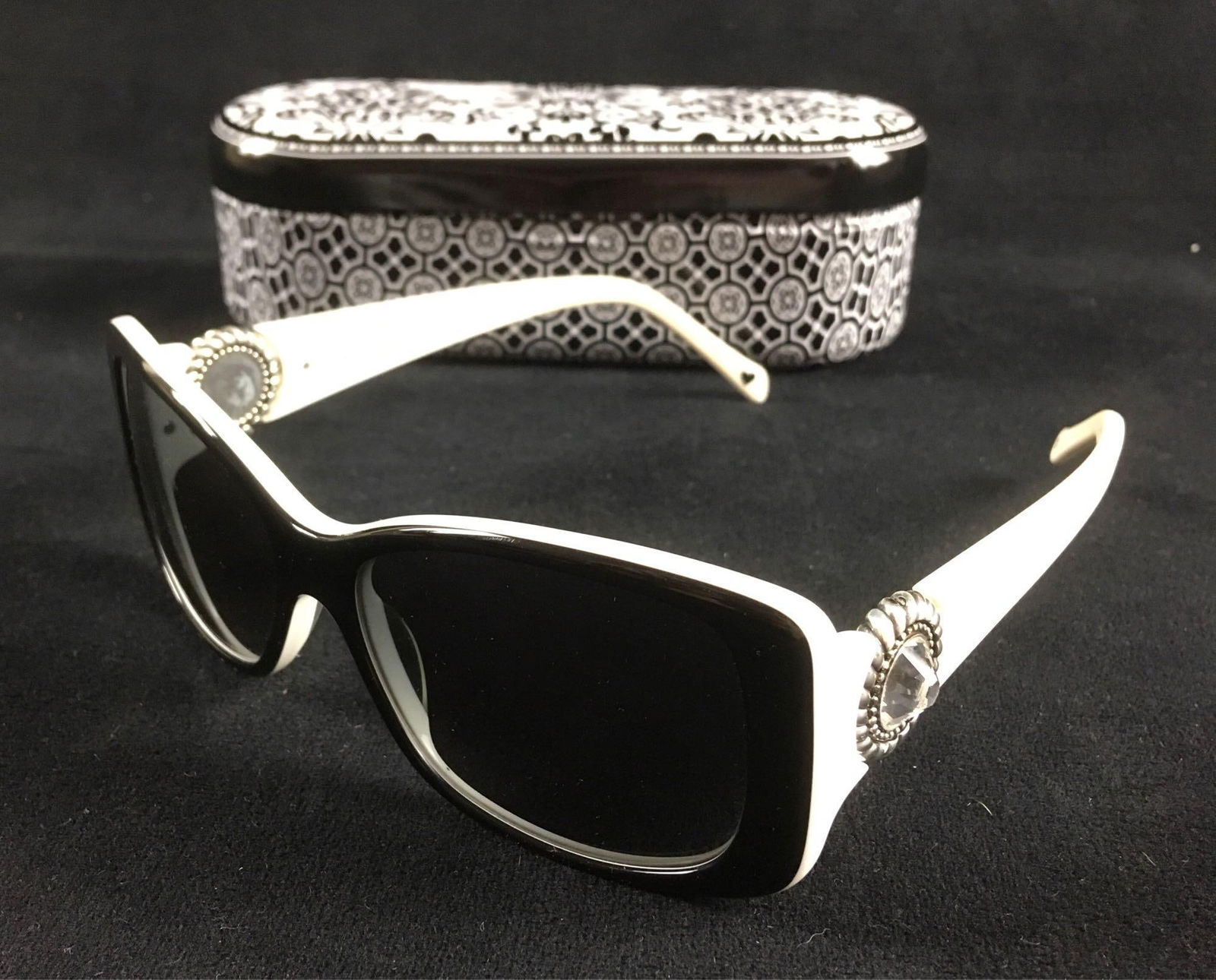 Brighton Handmade Women's Sunglasses Featuring Swarovski Crystal Accent New Old Stock: Brighton Handmade Women's Sunglasses Featuring Swarovski® Crystal Accent, New Old Stock; a beautiful pair of women's sunglasses showing a white frame with black eye frame and Swarovski crystal o