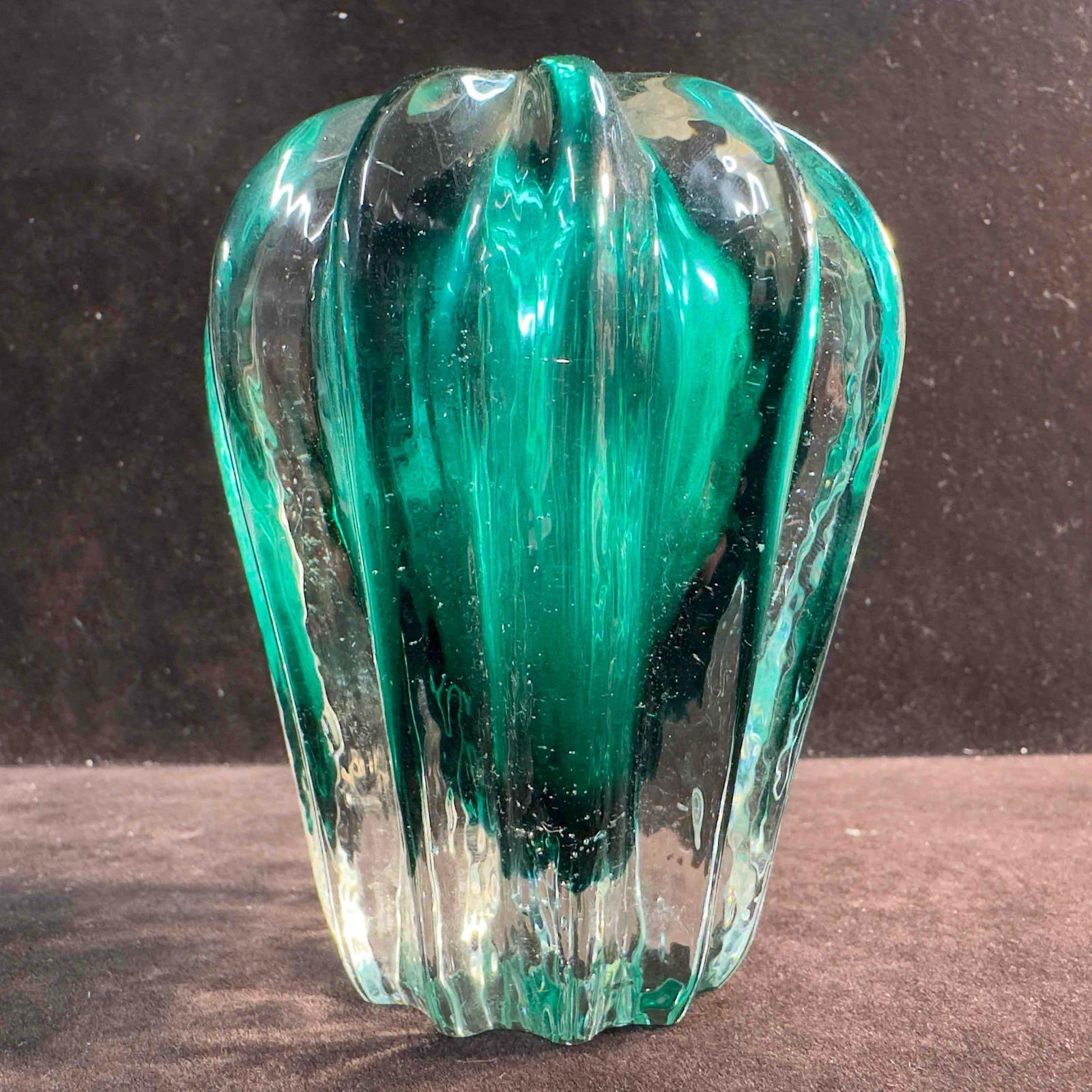 Glass Art Paperweight Green Floral Ribbed Blown Glass Piece: Glass Art Paperweight Green Floral Ribbed Blown Glass Piece. This obscure glass art piece is green glass. No known markings and seems to be a paperweight or table art of some sort. Noticeable imperfec