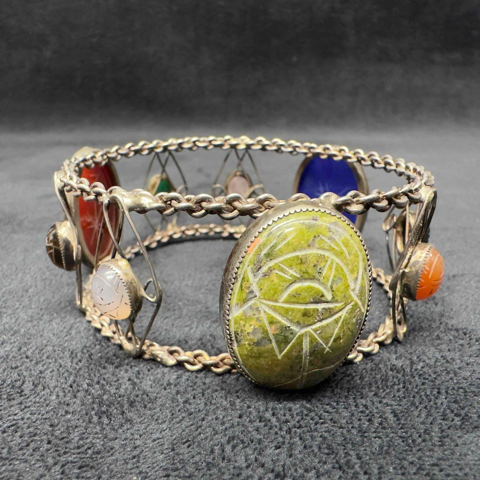 Scarab Beetle Egyptian Hieroglyphs Large and Small Gemstones Sterling Silver Bracelet (1 of 11)