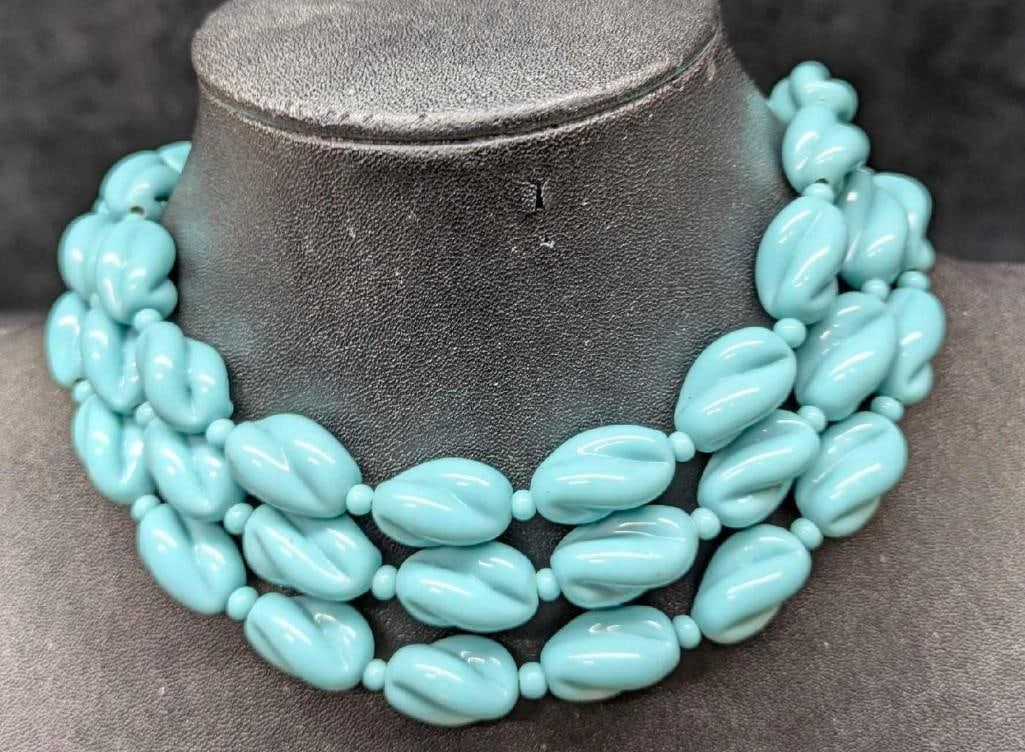 Vintage Turquoise Glass Bead Necklace Lot Of 3: Vintage Turquoise Glass Bead Necklace Lot Of 3. The maker and date of creation is unknown. Each necklace is approx 15 1/2" and the total weight is 169.6g.