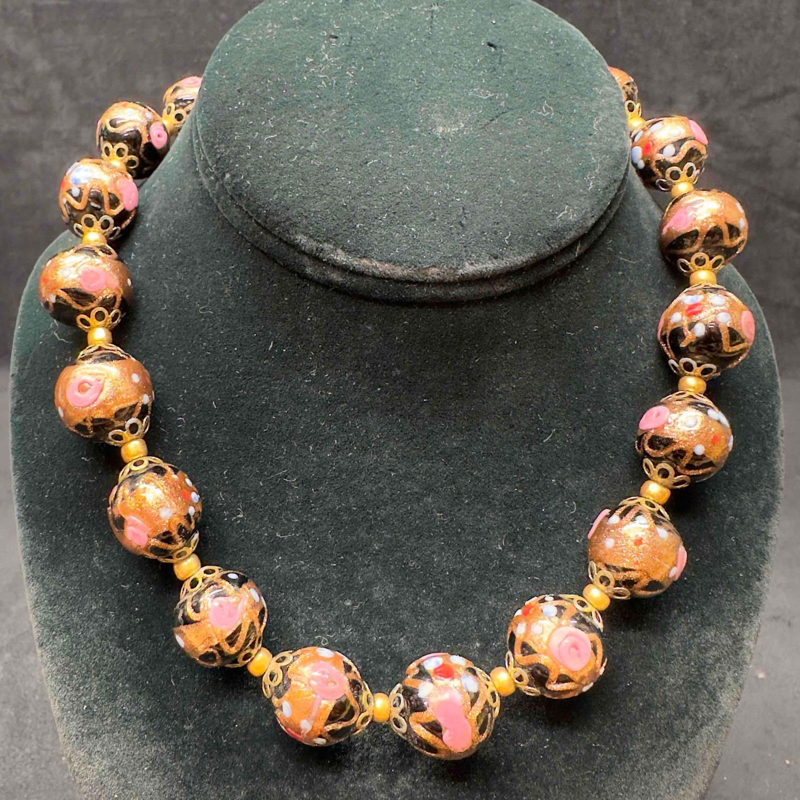 Venetian Murano Lamp Work Glass Black Bead Fiorato Floral Beaded Necklace A98 (1 of 8)