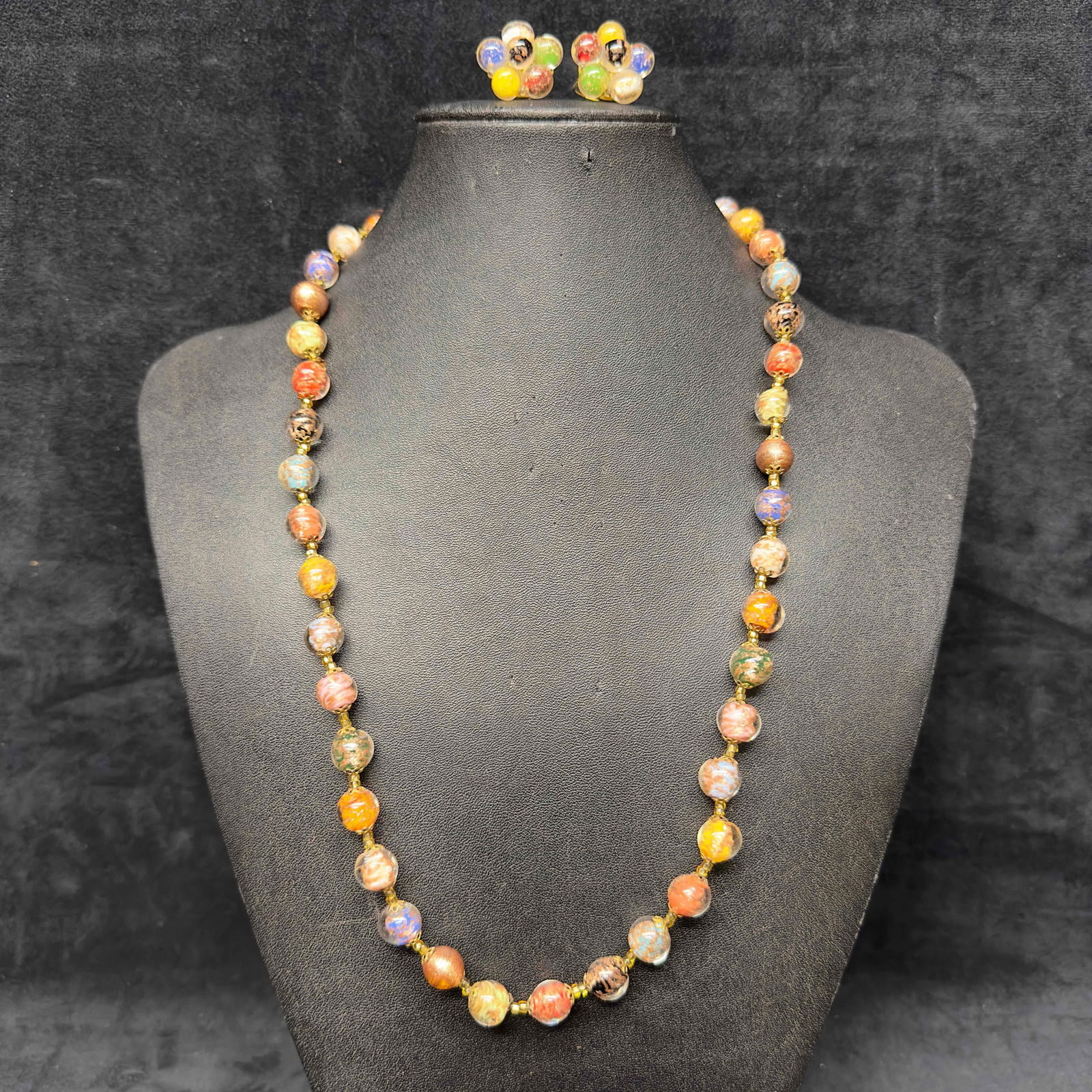 Venetian Murano Lamp Work Glass Multi Colored Bead Round Copper Beaded Necklace and Earrings Set B46 (1 of 11)
