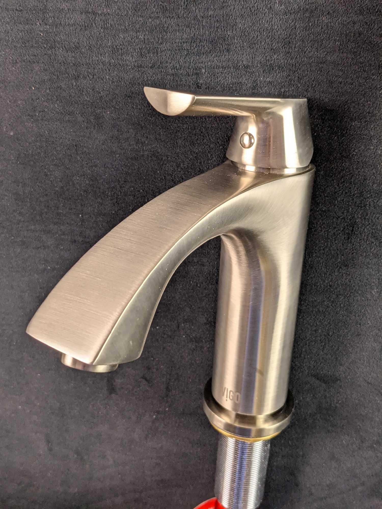 Vigo Penela Single Hole Bathroom Faucet VG01028BN B: Brushed Nickel Penela Single Hole Bathroom Faucet New In Box. Box is approx 16" x 9 1/2" x 3". Comes with everything seen in the images. Everything inside is in a good, unused conditon with no known d