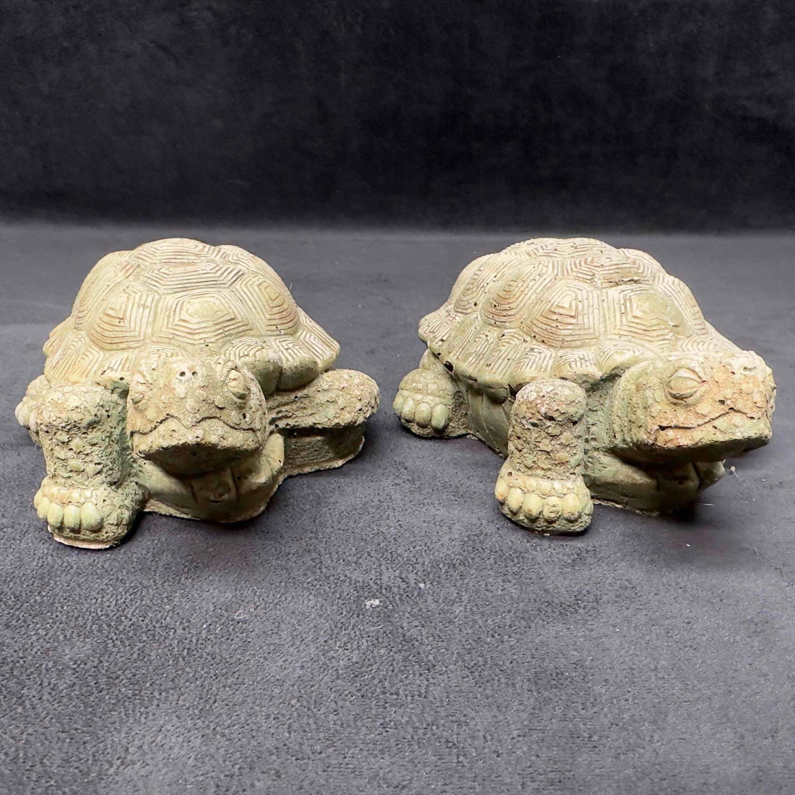 Athens Small Walking Turtle Sage Colored Solid Concrete Garden Yard Outdoor Statue Set: Athens Small Walking Turtle Sage Colored Solid Concrete Garden Yard Outdoor Statue Set. Small concrete statues representing a sage colored turtle. Includes two yard identical statues. Etched signed Ph