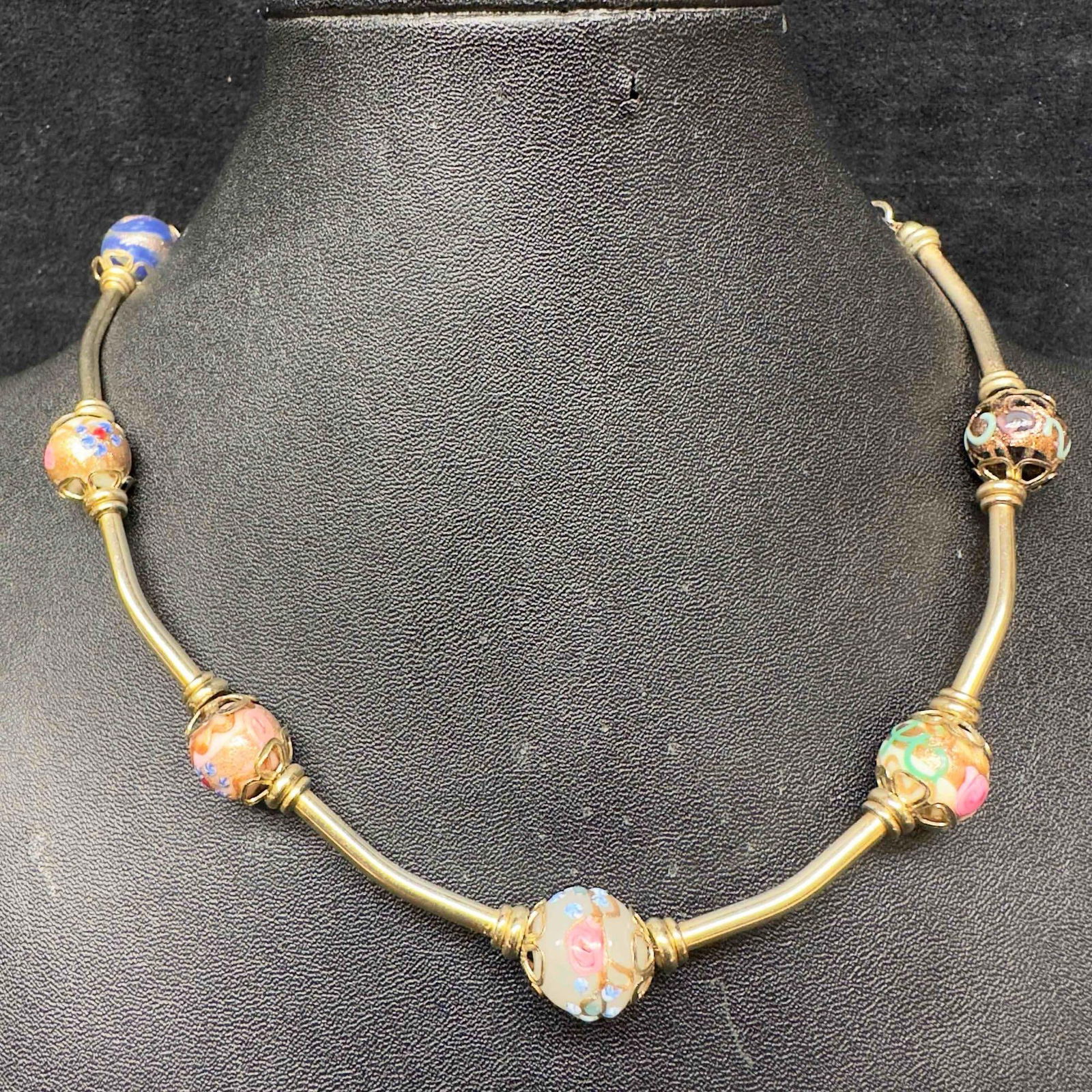 Venetian Murano Art Glass Lamp Work Multi Colored Beaded Silver Toned Chain Necklace D83 (1 of 8)