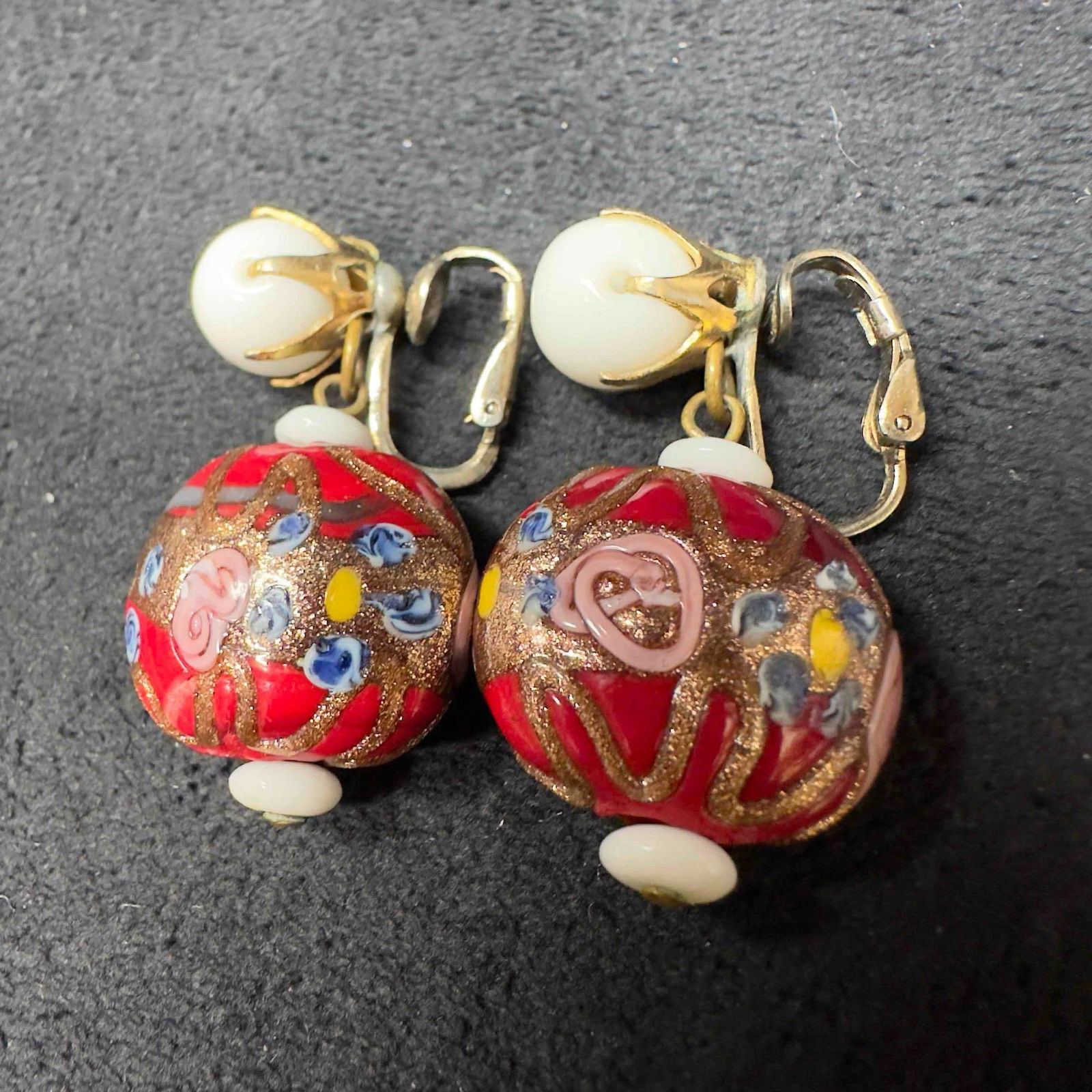 Murano Venetian Art Glass Lamp Work Red Circle Floral Fiorato Dangle Earrings D84 (1 of 8)
