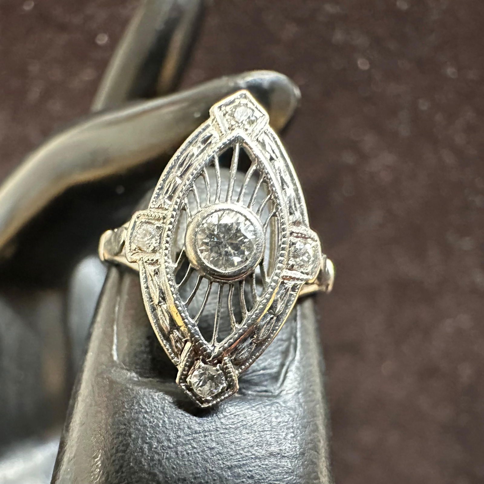 Accent Diamond and Moissanite 18K White Gold Art Deco Cocktail Marquise Shaped Ring: This item is in good pre-owned, previously used/displayed condition with noticeable light wear and surface scratches. Please reference all photos for full details. This piece of jewelry has been teste