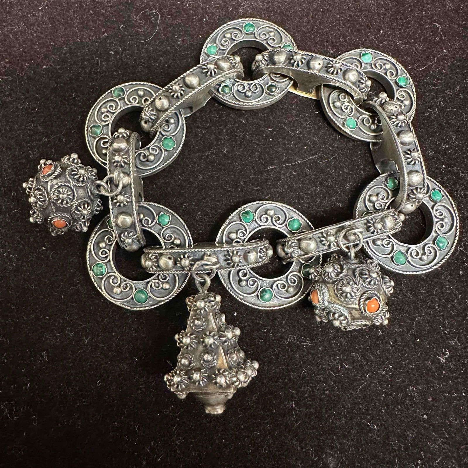 800 Silver Ornate Etruscan Revival Egyptian Style Malachite Red Coral Cabochon Bracelet: This item is in good pre-owned, previously used/displayed condition with noticeable light wear, and surface scratches. Please reference all photos for full details. This piece of jewelry has been test