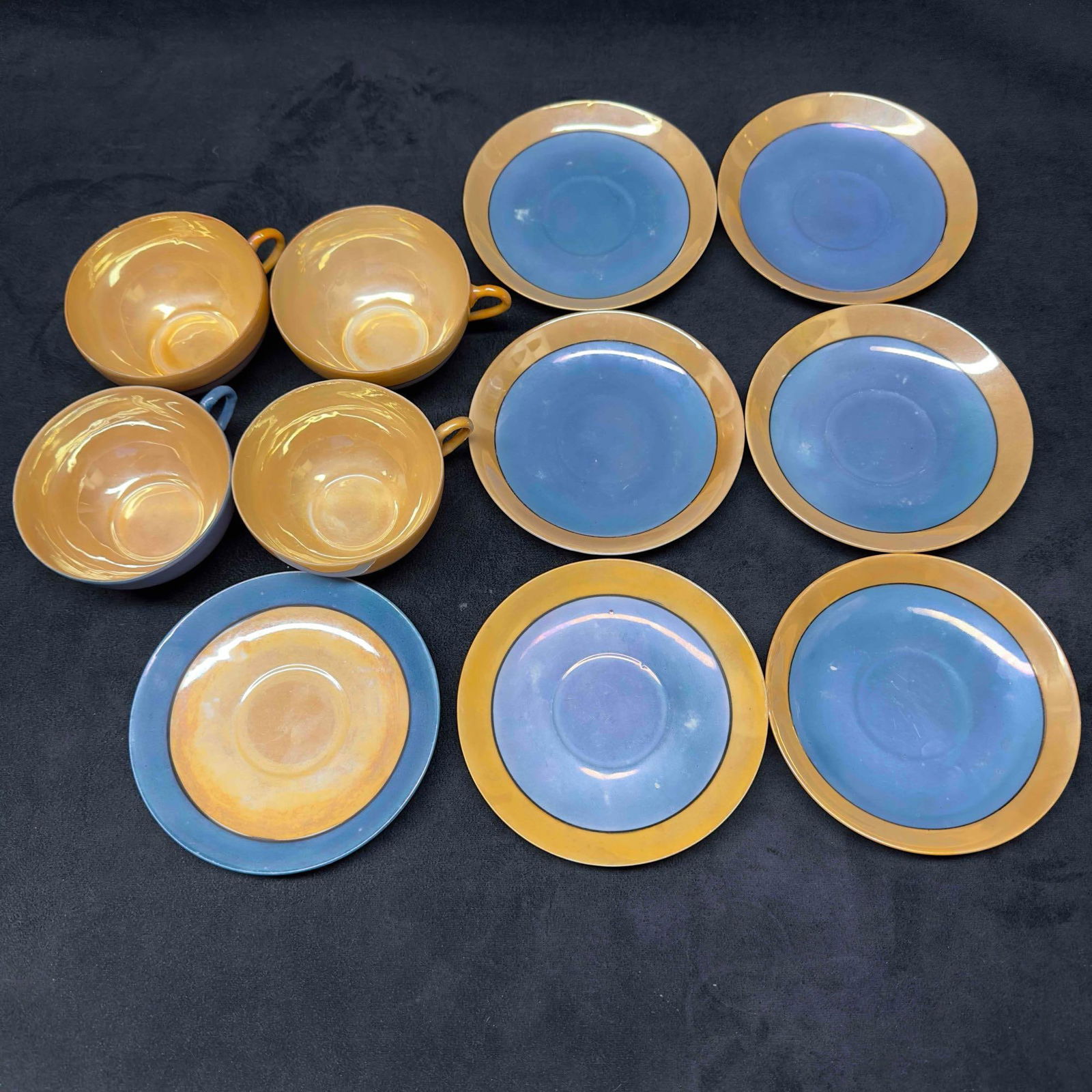 Beautiful Made In Japan Orange Blue Teacups and Small Plates Dish Set Eleven Pieces (1 of 9)