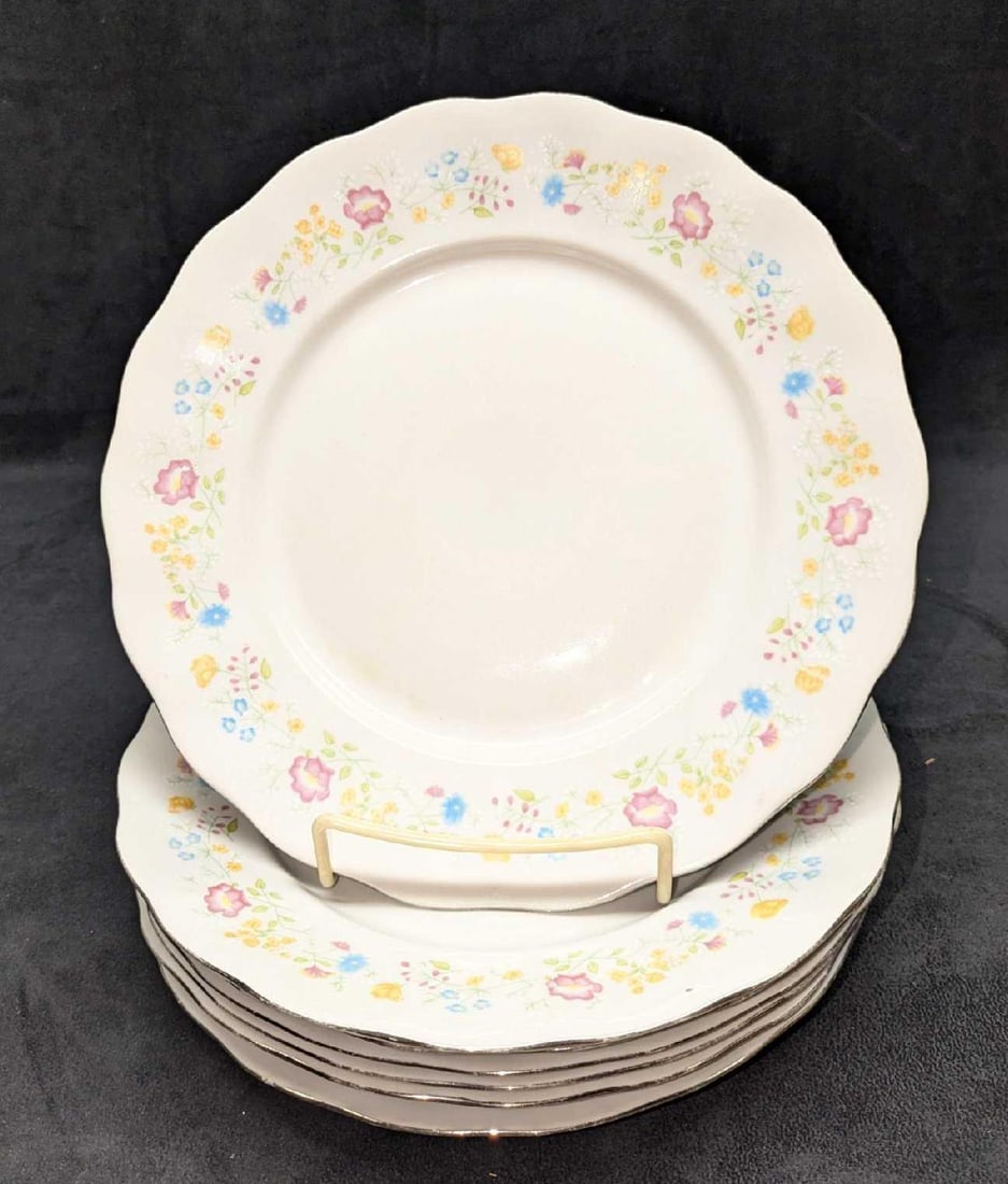 7 Vintage Baum Brothers China "Alegro" Dinner Plates: 7 Vintage Baum Brothers China "Alegro" Dinner Plates. Each plate is approx 10 1/2" x 10 1/2" x 1". The total weight is 8.40lbs. The plates have some markings and scratches from use. Please see the ima