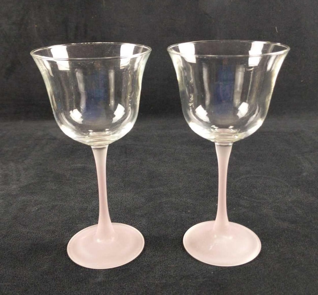 Eight Glass Clear Frosted Bell Shaped Wine Glasses A: Here are Eight Glass Clear And Frosted Bell Shaped wine glasses. The bowl is clear, while the stem and base are frosted. The maker and date of creation are unknown. Glasses are all in good, unused con