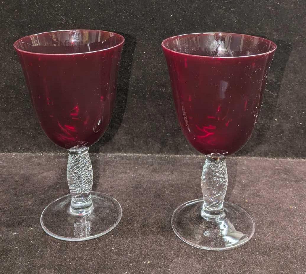2 Vintage Ruby Red Twisted Stem Water Goblets: 2 Vintage Ruby Red Twisted Stem Water Goblets. By Fry Glass Co. Each is approx 3 1/2" x 3 1/2" x 6 1/2" and the total weight is 0.78lb. The glasses have no chips or cracks. Please see the images as th