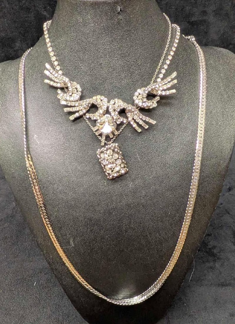 Vintage Silver Tone Rhinestone Coro Unsigned Herringbone Necklace Lot Of 3 (1 of 14)