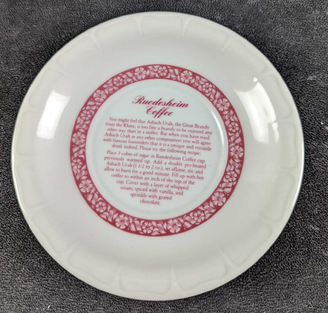 Vintage Rudesheimer Coffee Recipe Heinrich Plate: Vintage Rudesheimer Coffee Recipe Heinrich Plate. The small plate has the recipe for the popular German alcoholic coffee drink which was made by German television chef, Hans Karl Adam. The plate