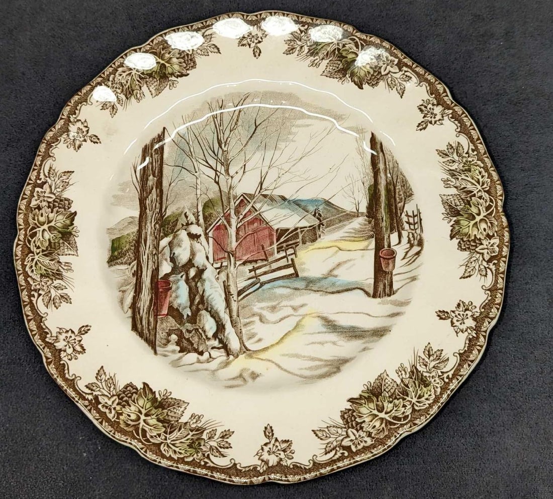 Sugar Maples Friendly Village Large Dinner Plate JB: Sugar Maples Friendly Village Large Dinner Plate JB. This retired series of fine china was released by the Johnson Brothers, from the year 1953 to the year 2003. The large dinner plate is approxi