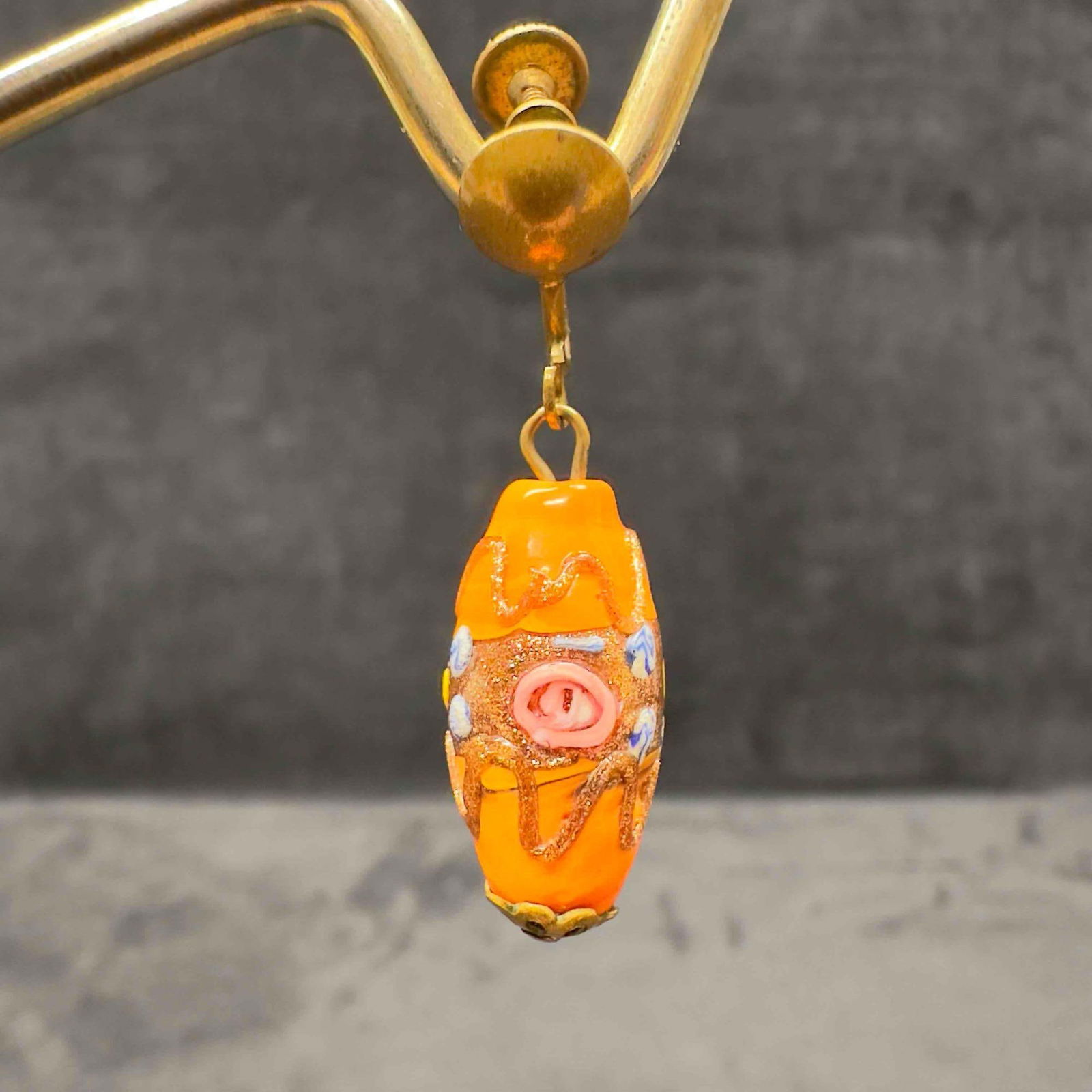 Murano Venetian Art Glass Lamp Work Orange Oval Floral Bead Dangle Drop Earrings G86 (1 of 7)