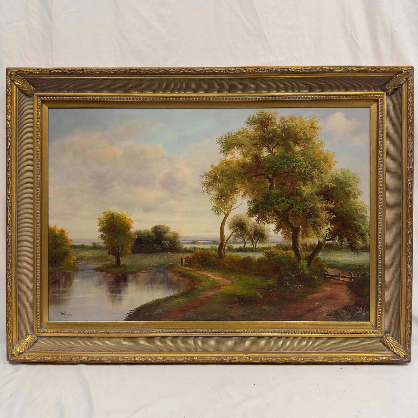 Large Oil On Canvas American Landscape Style Lake and Tree Scenery Signed By John Pollins 43" x 32" (1 of 11)
