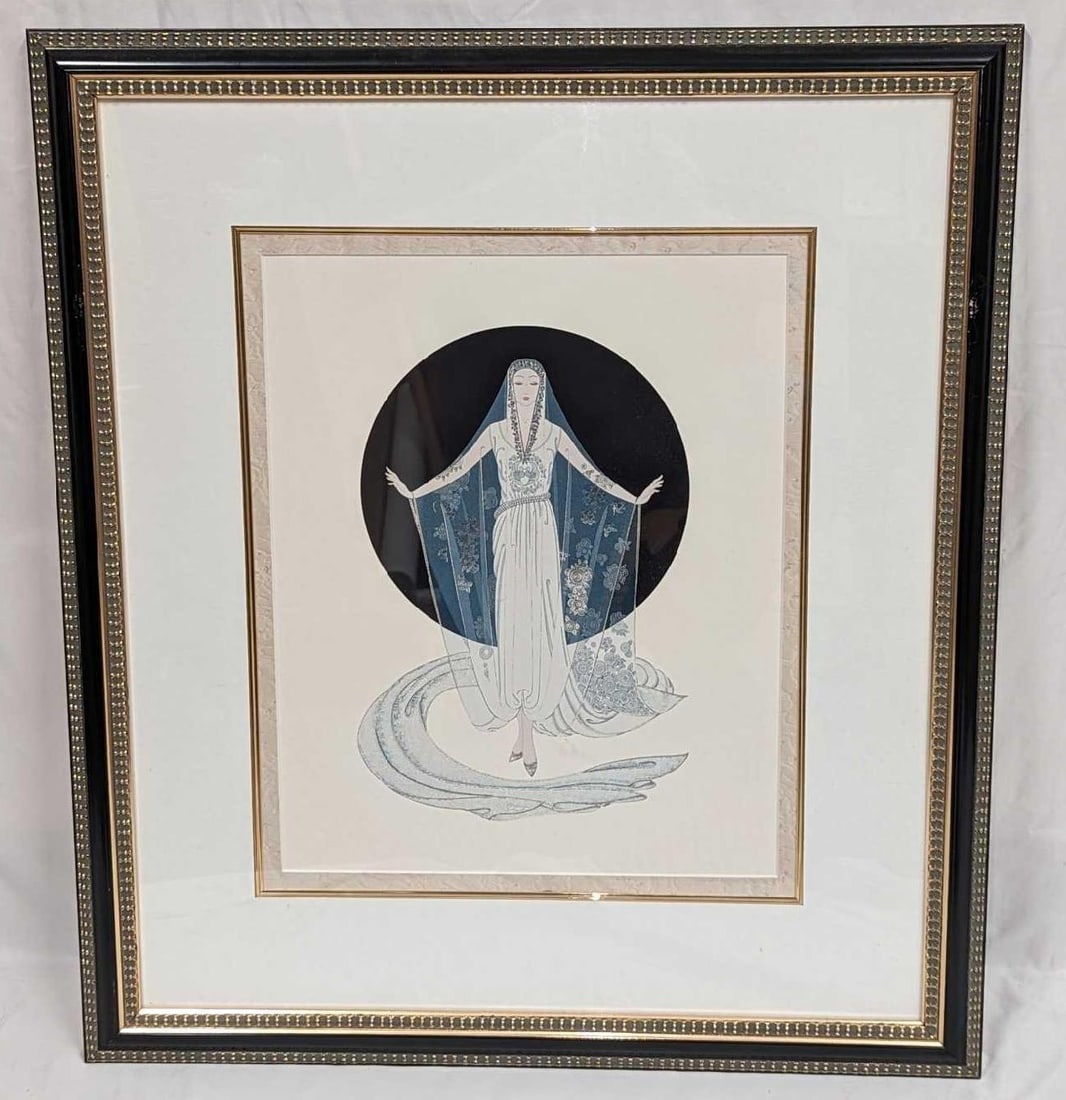 Erte Veil Gown Custom Framed Print: Erte Veil Gown Custom Framed Print. The framed print is approx 22" x 1" x 24 3/4" and it weighs 5.80 lbs. Please note, that the print was not signed by the artist. The frame has scratches and chips.&n