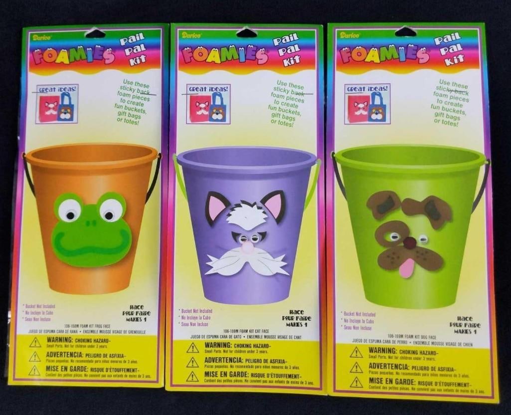 Three Foamies Pail Pal Kits Cat Frog Dog: Use these sticky back foam pieces to create fun buckets, gift bags, totes, and more! Comes with a frog, dog, and cat face! Packages are approx 4 1/2" x 10" and together they weigh 0.15lb. All ar
