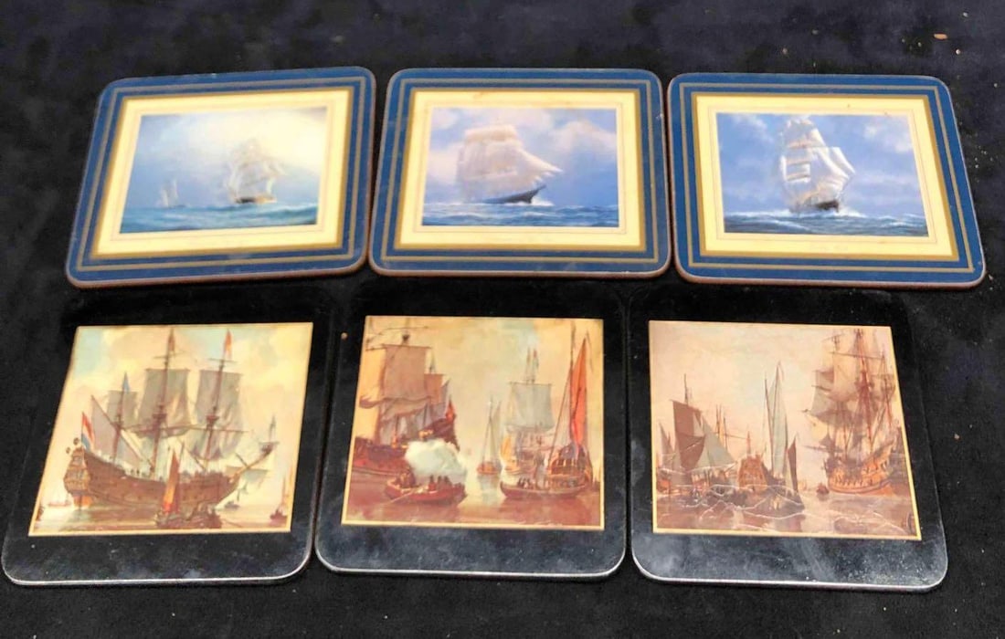 Lot Of 6 Nautical Coasters 3 Lady Clare 3 Unknown: This lot contains a bundle of 2 sets of 3 nautical coasters. The first three coasters are Lady Clare and the other three are made by an unknown manufacturer. The Lady Clare coasters are approx 3 1/2"