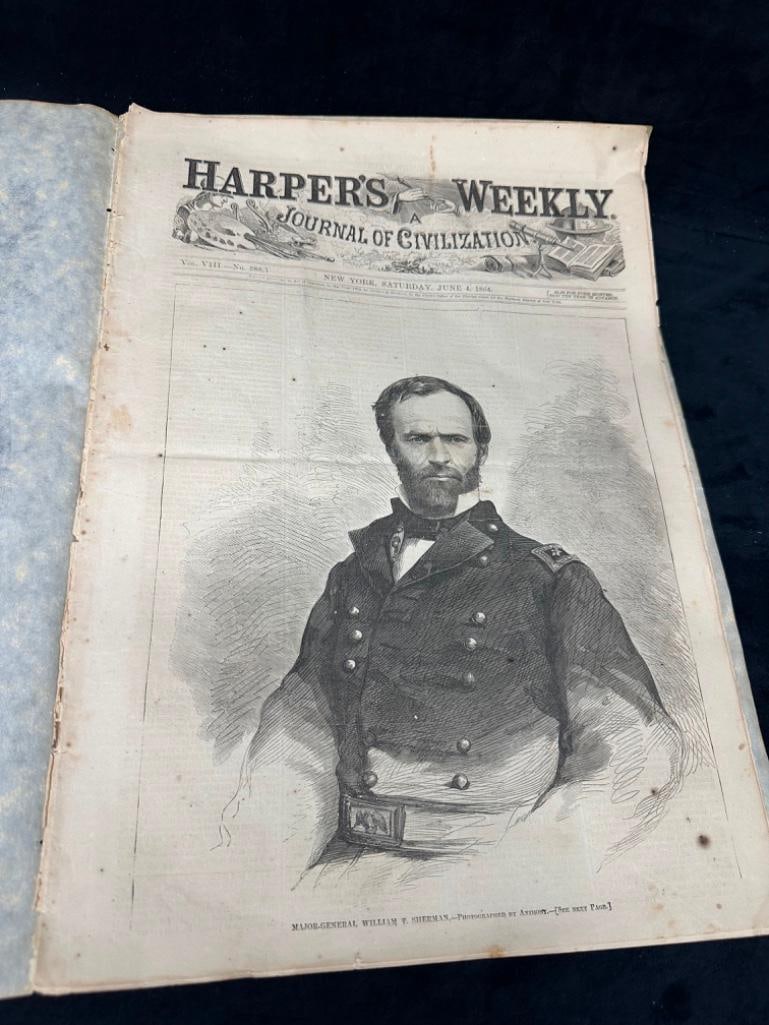 June 4th 1864 Harper's Weekly, Gen. Sherman Cover: June 4th 1864 Harper's Weekly, Gen. Sherman Cover Original copy of Harper's Weekly, featuring an engraving of General William T. Sherman on the front. Also has some sketches of battles report