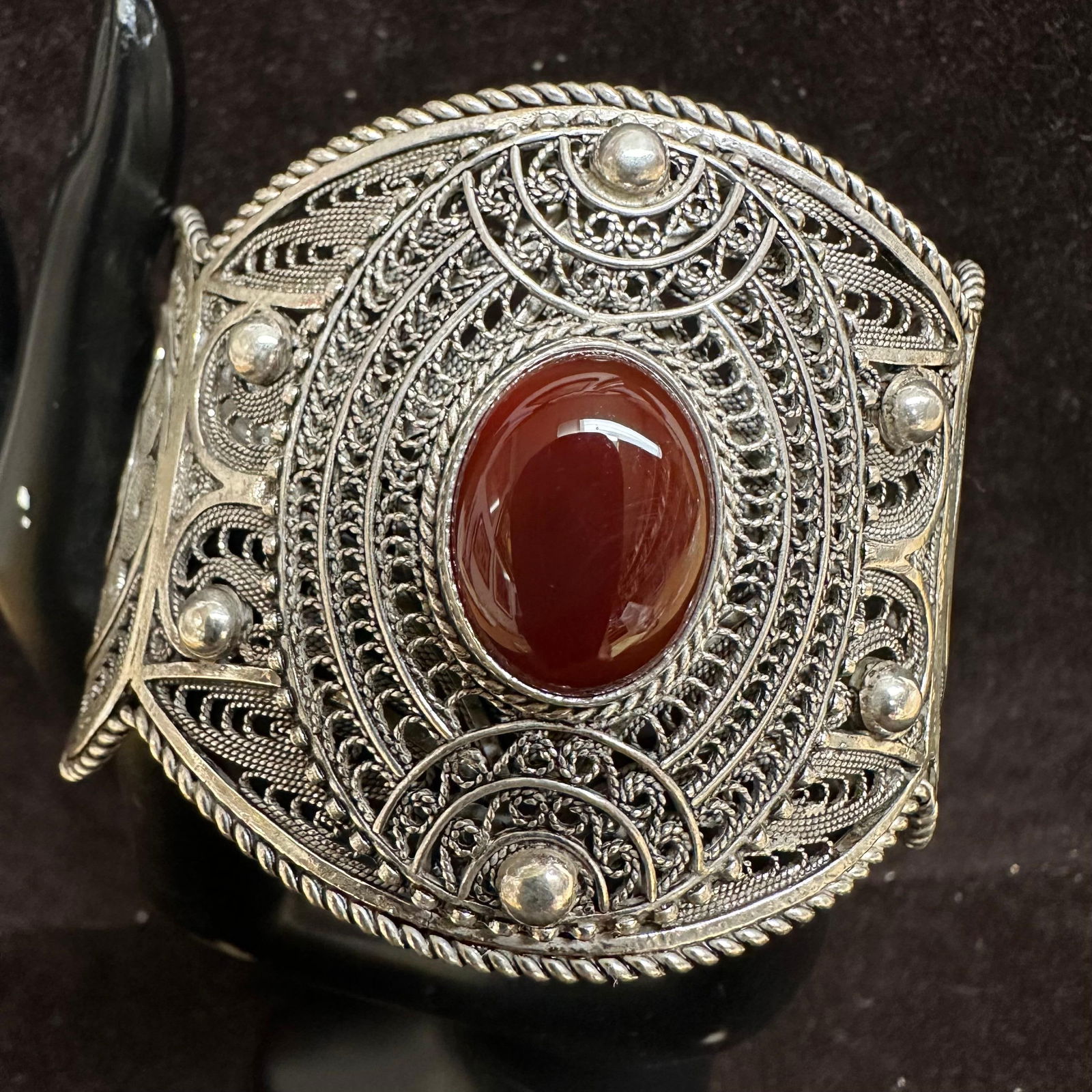 Oval Carnelian Gemstone Setting Intricate Sterling Silver DGS Turkey Cuff Filigree Bracelet (1 of 14)