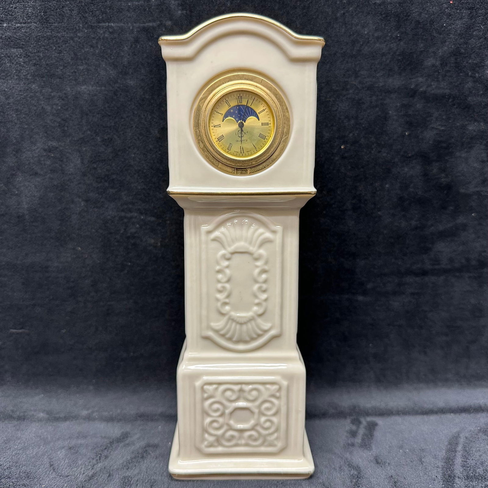 Lenox Porcelain Tall Case Mantel Clock Moonphase Dial Ivory Tone with Gold Trim (1 of 6)