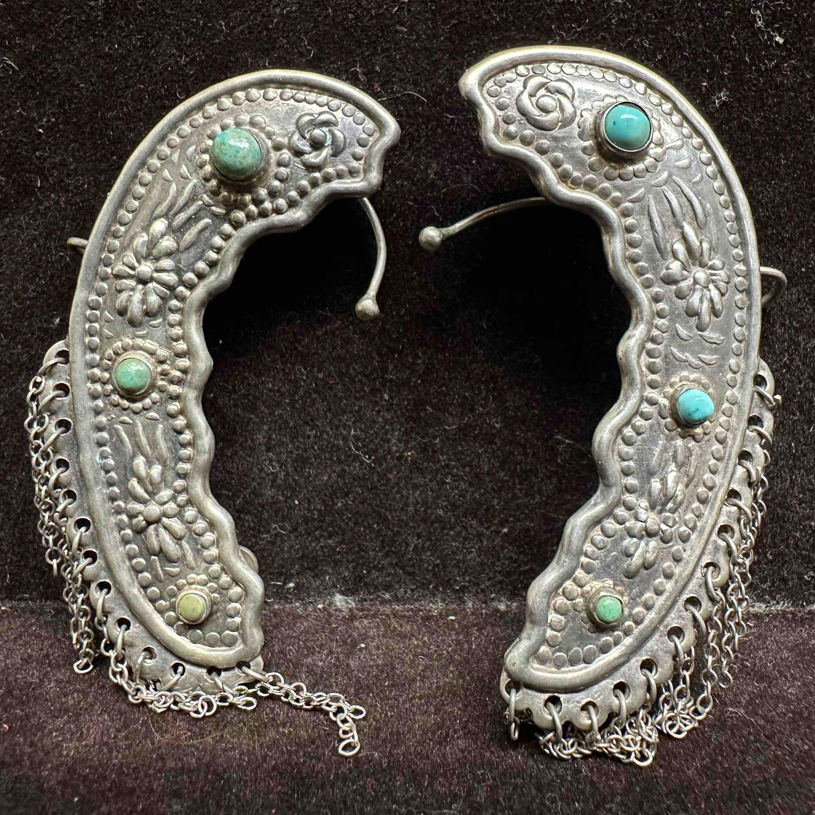 Mexico Silver Plated Turquoise Screw Back Earrings Native Style Ear Cuff Set (1 of 5)