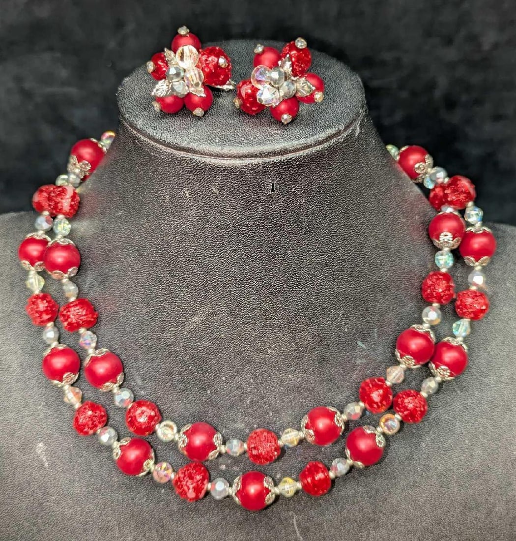 Vendrom Shades Of Red Faux Pearl Crystal Filigree Necklace And Earring Set: Vendrom Shades Of Red Faux Pearl Crystal Filigree Necklace And Earring Set. The necklace is approx 29" and the clip on earrings are approx 5/8" x 1" x 5/8". The total weight is 0.16lb. The earrings an