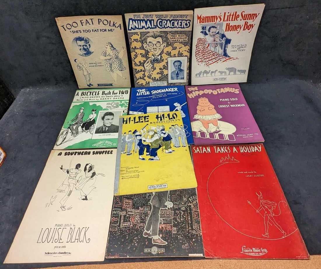 10 Vintage Novelty Song Sheet Music: 10 Vintage Novelty Song Sheet Music. This lot includes: (1) A Southern Shuffle. This was copyrighted in 1940. (1) Satan Takes A Holiday. This was copyrighted in 1937. (1) Hi-Lee Hi-Lo