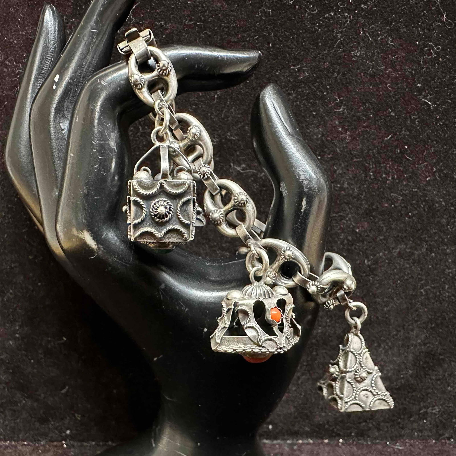 Antique 800 Silver Etruscan Italian Style Chunky Charm Bracelet with Stone Charms I10 (1 of 12)