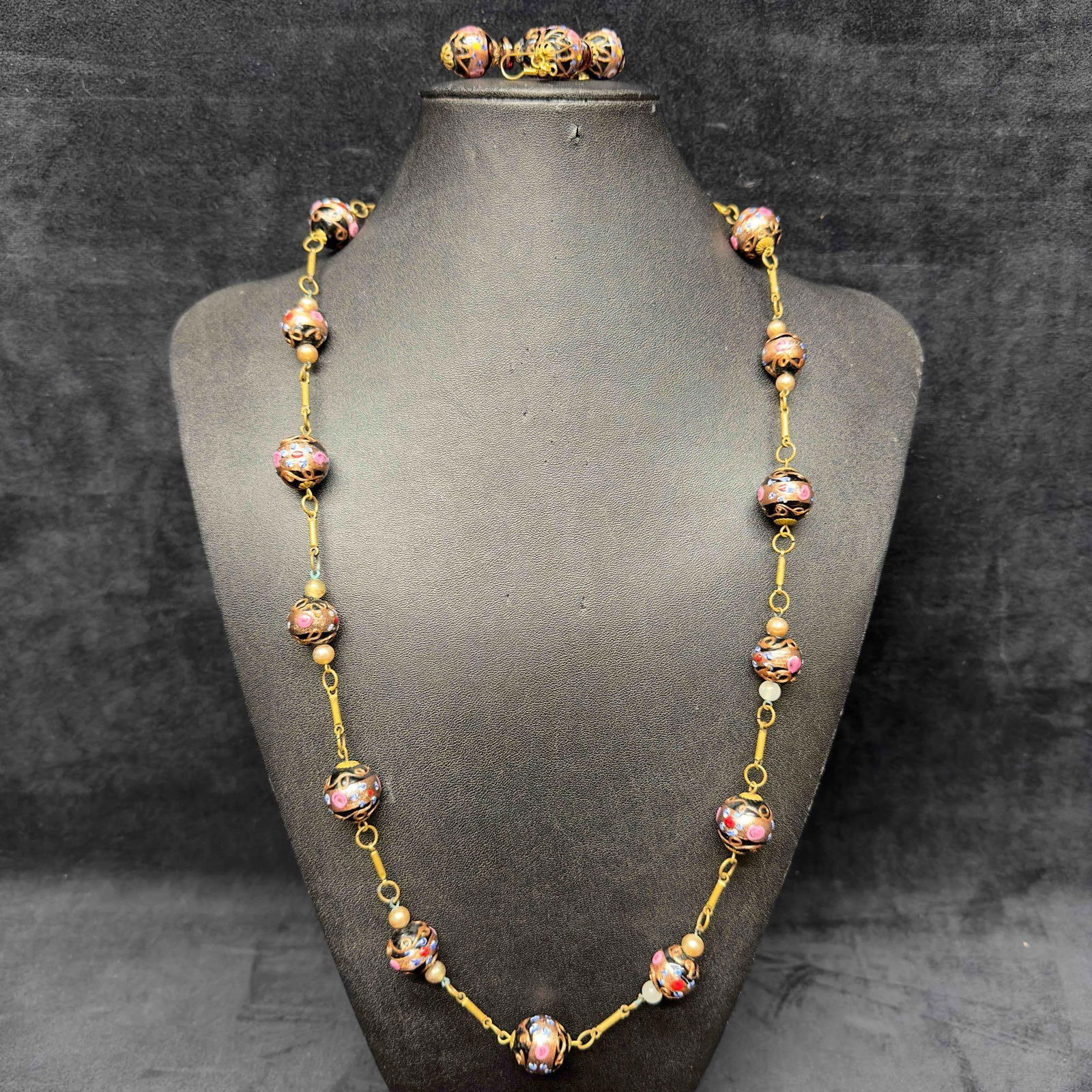 Venetian Murano Art Glass Lamp Work Long Floral Black Beaded Necklace and Fiorato Earrings Set E20 (1 of 14)