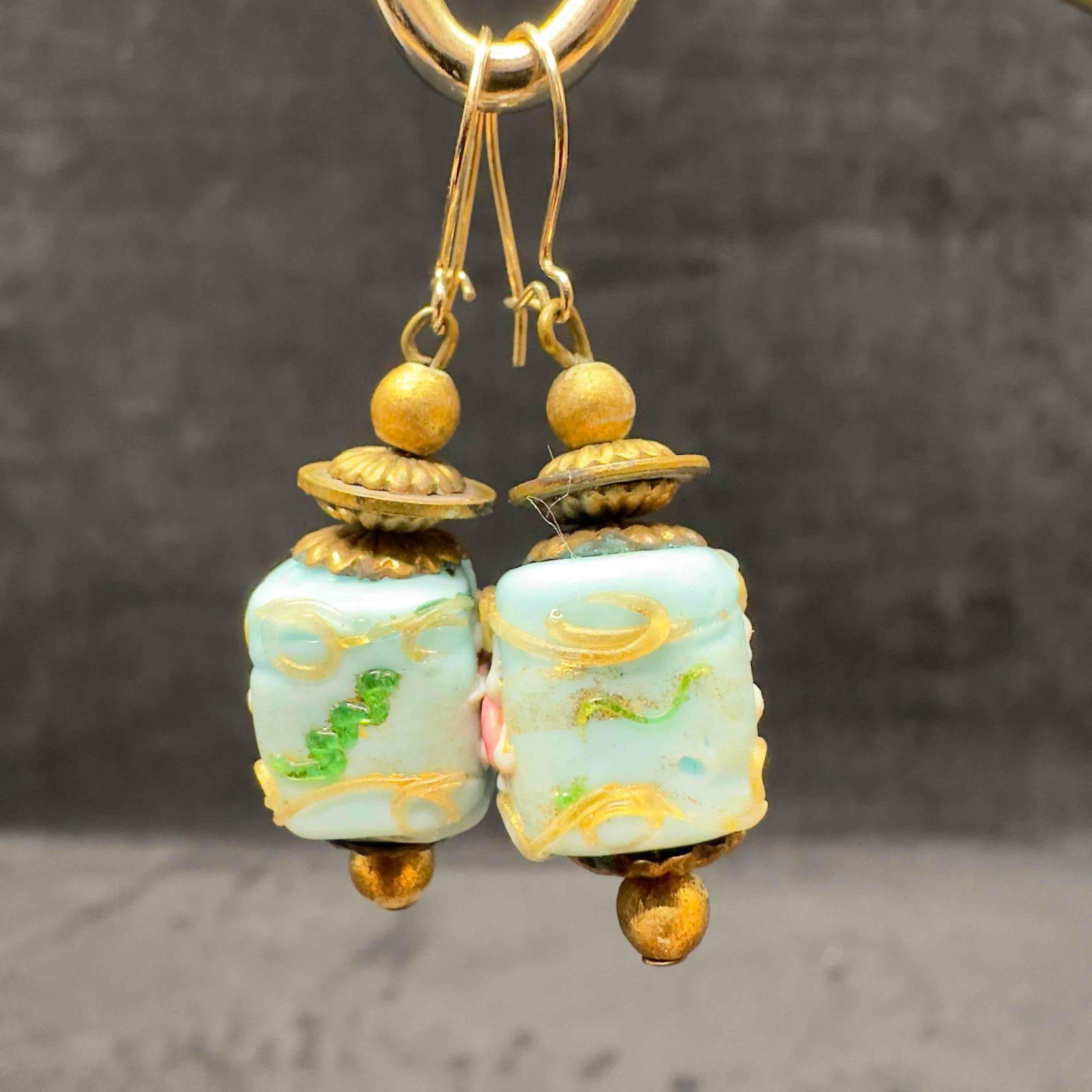 Venetian Murano Art Glass Lamp Work Light Blue Floral Bead Dangle Earrings H13 (1 of 7)