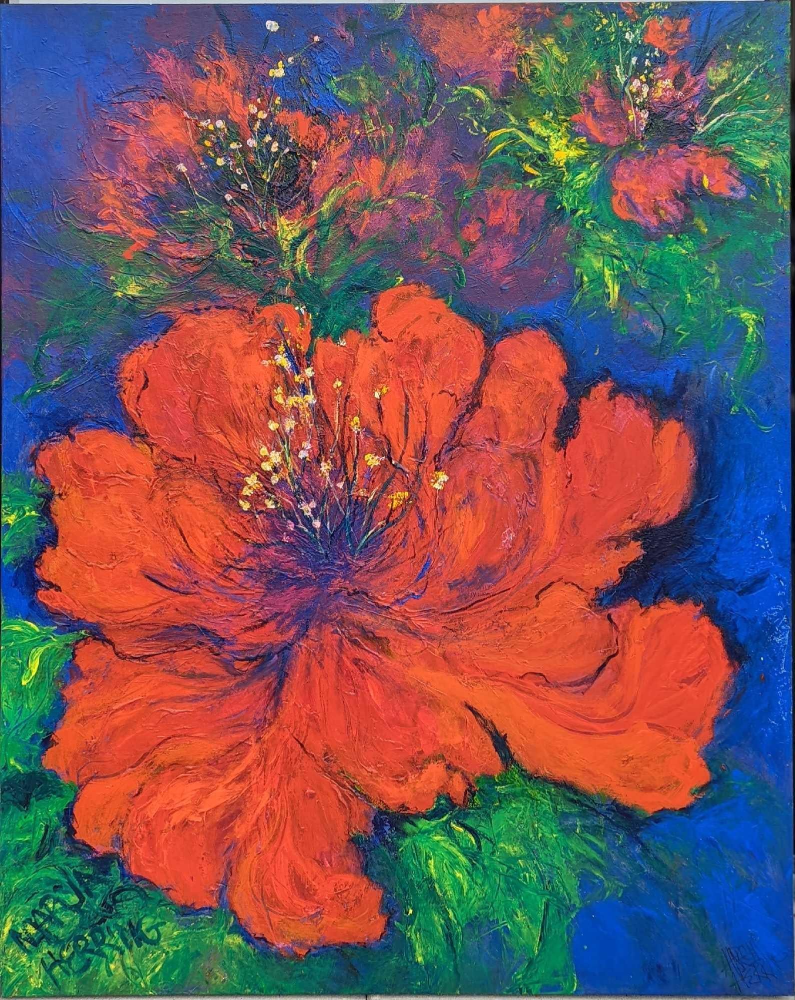 Original Marcia Herring Acrylic On Canvas Flowers: "Park Avenue Gardenias" by Marcia Herring. Original acrylic on canvas. Is approx 48" x 2" x 60" and it weighs 15lbs. The original is in a good, used condition with some wear on the