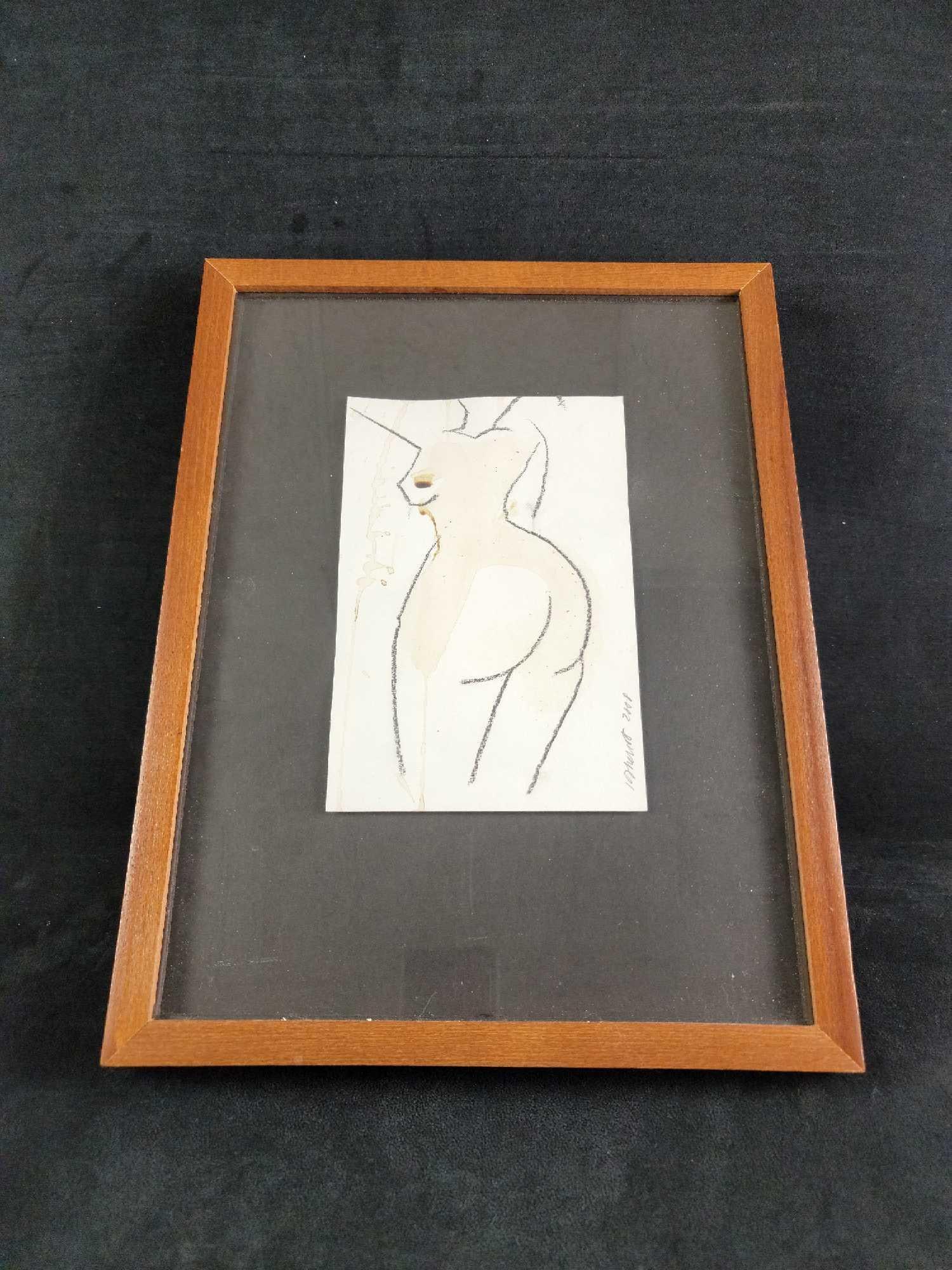 Keith Thoriot Signed Art Luna Sheds the Lights Framed: This 6x9 artwork by Keith Theriot is signed and part of his blood and ink works. The piece is titled Lune Sheds the Lights and was created in 2008. It is in a wood frame and ready to hang. In good vin