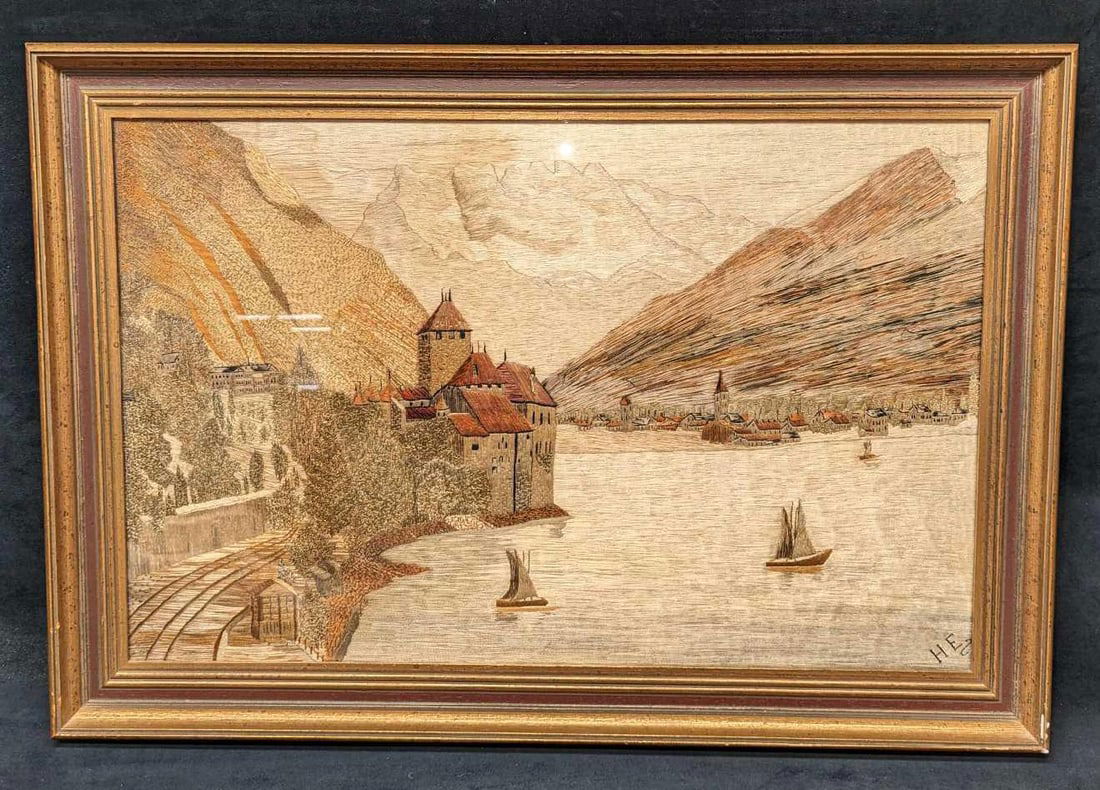 Vintage Framed Hand Embroidery Mountains & Lake Jungmann (1 of 8)