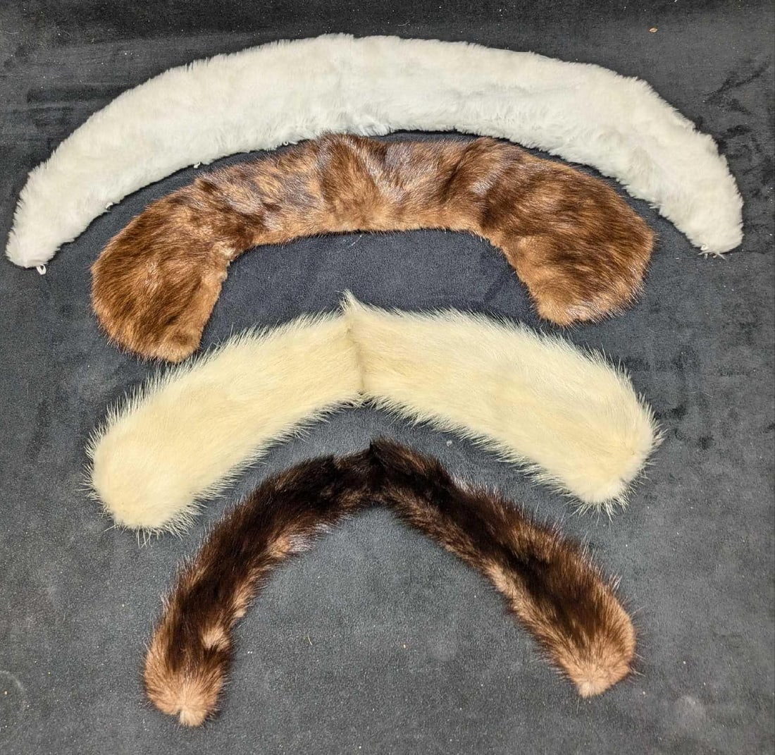4 Vintage Faux & Real Mink Collars: 4 Vintage Faux & Real Mink Collars. Starting on the top of the first image, the faux mink collar is approx 23" x 1/2" x 8". The second is approx 16" x 1/4" x 8". The third