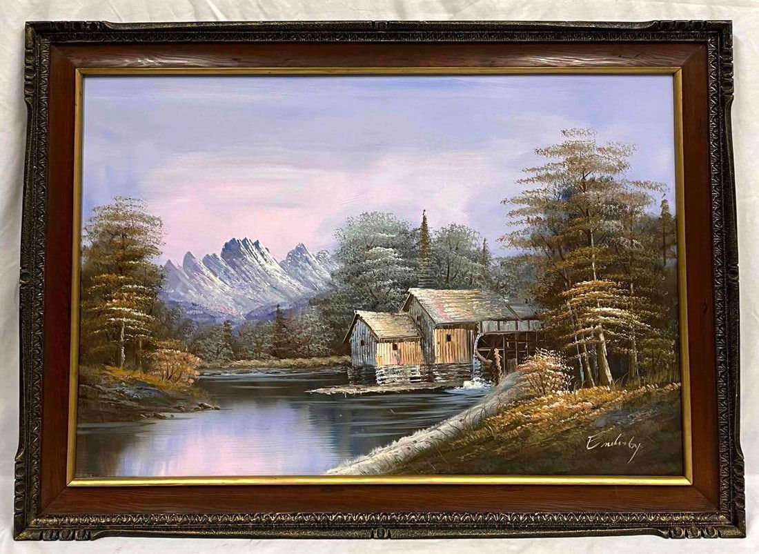 Large Signed Oil On Canvas Cabin On The Lake (JB223) (1 of 8)